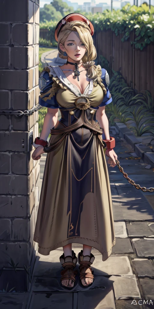 (masterpiece, best quality), intricate details, 1girl, Cammy White from Street Fighter (standing full body toe to head by wooden pole:1.2) iron collar, arms behind back, iron cuffs, shackles, bound, bondage outfit, harness, o-ring, bondage outfit blindfolded cover eyes, happy red cheeks, chain leash collar choker neck bell shackles wristbands bracers bracelets, cleave gag