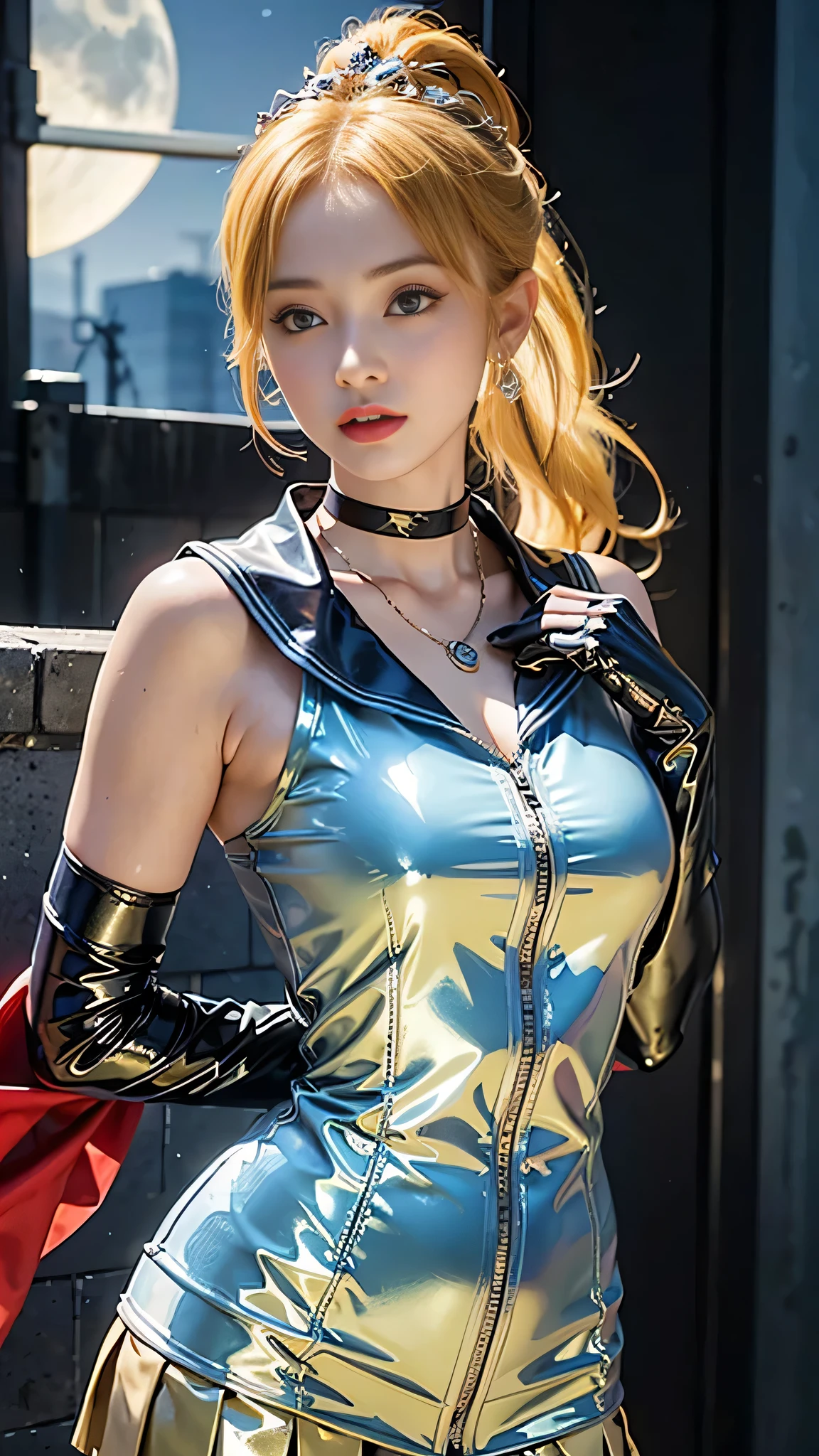 ((masterpiece:1.4)、(highest quality:1.4)、(realistic:1.7))、masterpiece:1.4、(Finest rendering:1.4)、beautiful girl、(beautiful girl戦士セーラームーン:1.4)、moon野うさぎ、body fit y sailor senshi uniform、(shiny latex:1.4)、(The jacket is a white sleeveless sailor uniform.....)、(Skirt Blue Sexltra Ultra Pleated Mini Skirt)、There are two thin blue lines on the collar of the sailor uniform.................、high leg swimsuit、red cloth decoration on chest、(wearing white gloves)、pretty girl、super beautiful、sharp focus、portrait photography:1.4、8K、realistic photo images:1.4、(perfect female body:1.4)、perfect proportions、(Upper body shot:1.4)、beautiful face、beautiful eyes、tight waist、(9等身大スタイルのbeautiful girl)、(足が長くスタイルの良いbeautiful girl:1.4)、beautiful feet、(yellow hair:1.4)、(long hair:1.2)、(ponytail:1.2)、beautiful breastreasts:1、Raw photo、redps、red h heels:1.4、choker:1.4、necklace:1.4、earrings:1.4、luxurious golden tiara:1.4、1 screen display、moon、universe、universe船、universeステーション、city of the future