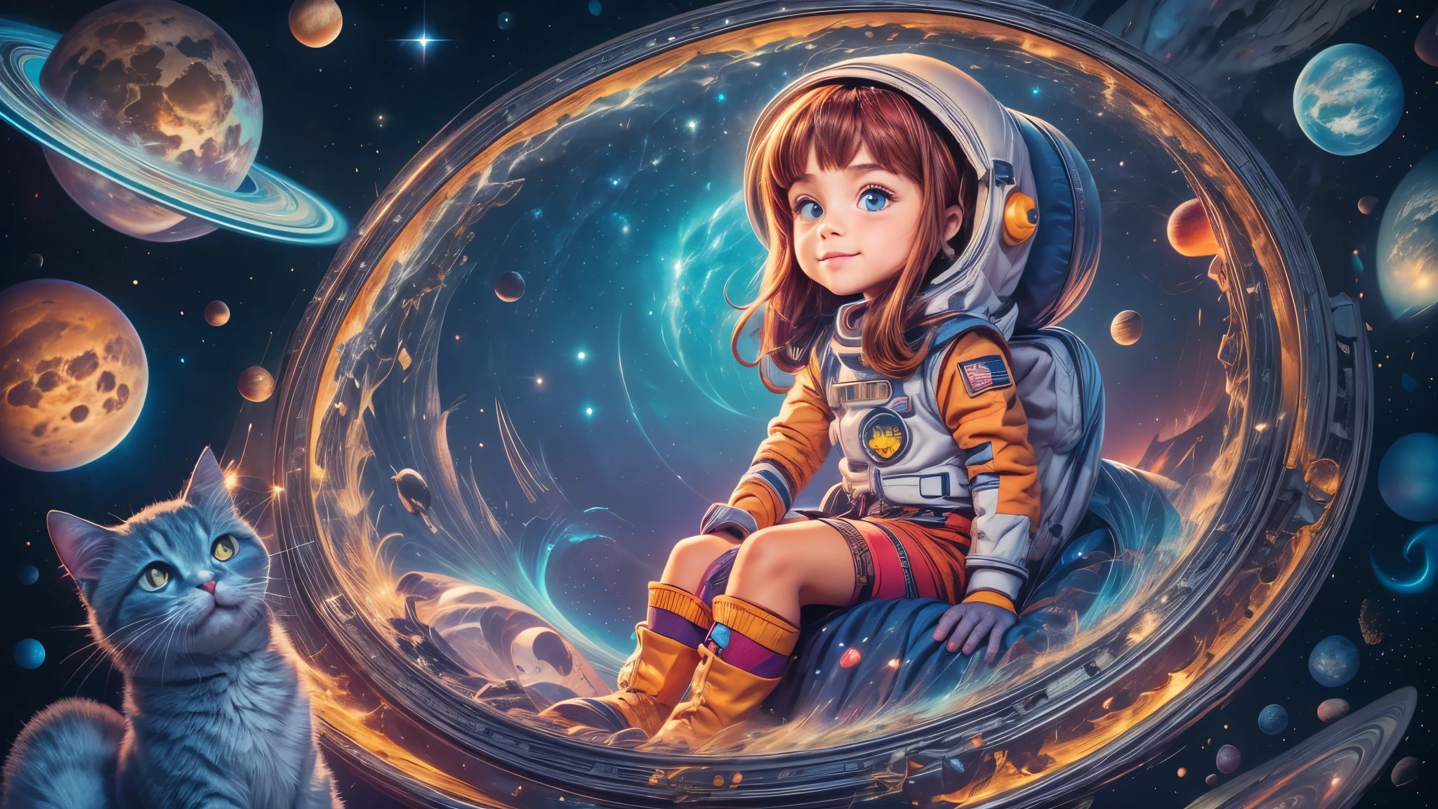 Cartoon illustration of a boy and a girl in space with cat, official fan art, in space, kitten in outer space, in outer space, in deep space, in galaxies, deep space exploration!!!, space travel, wearing in stars and planets, outer space, outer space, starry sky in space, in space, official art, space, on a spaceship, colorful, cute, more detailed, light, more realistic, cartoon