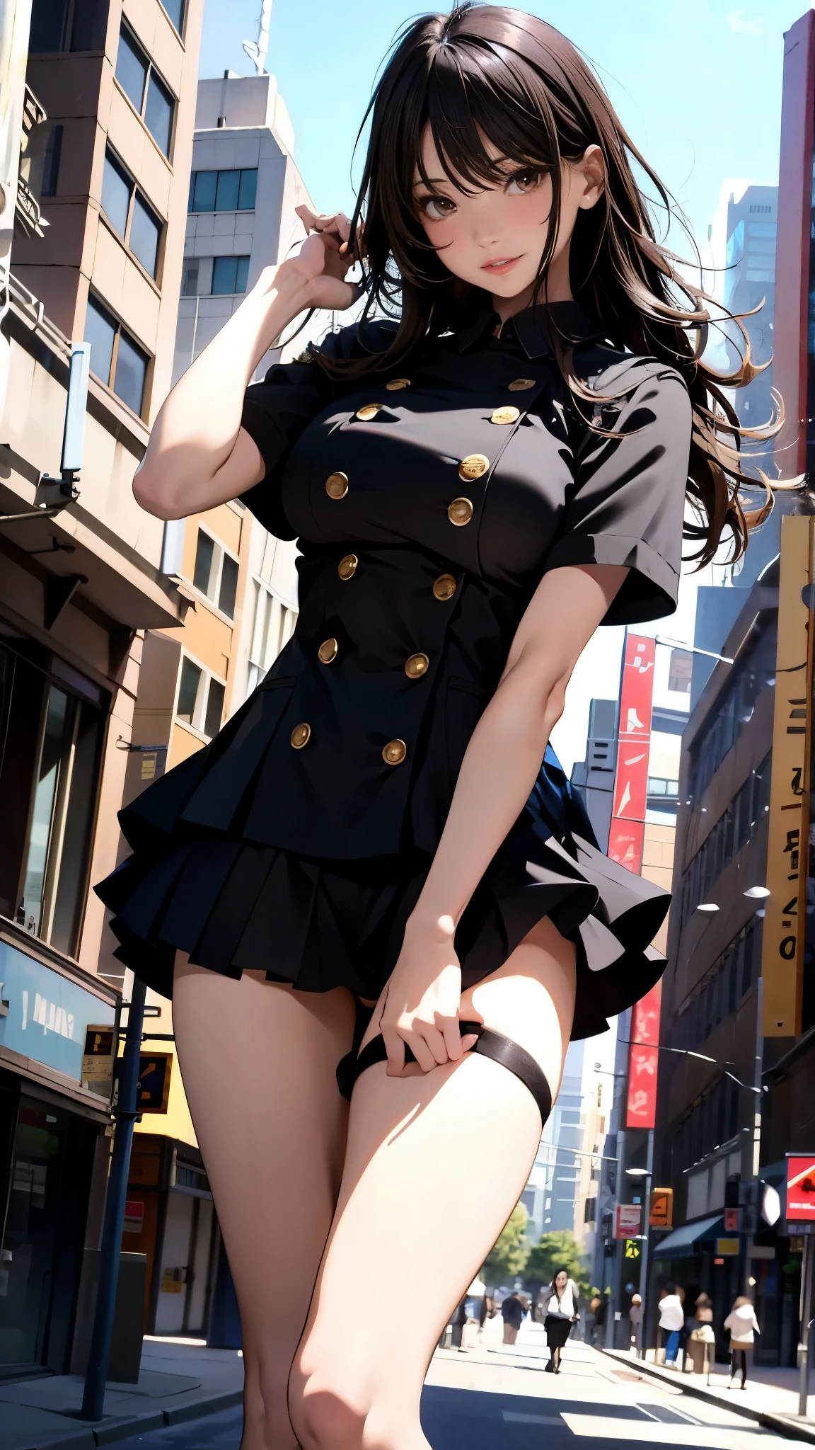 An absurd solution, High resolution, (masterpiece:1.4), ((Giant Breasted)), Super detailed, One girl, Brown eyes, Long black hair，Wear a police uniform and a short skirt, City streets,Sexy posture, The camera is close to the body