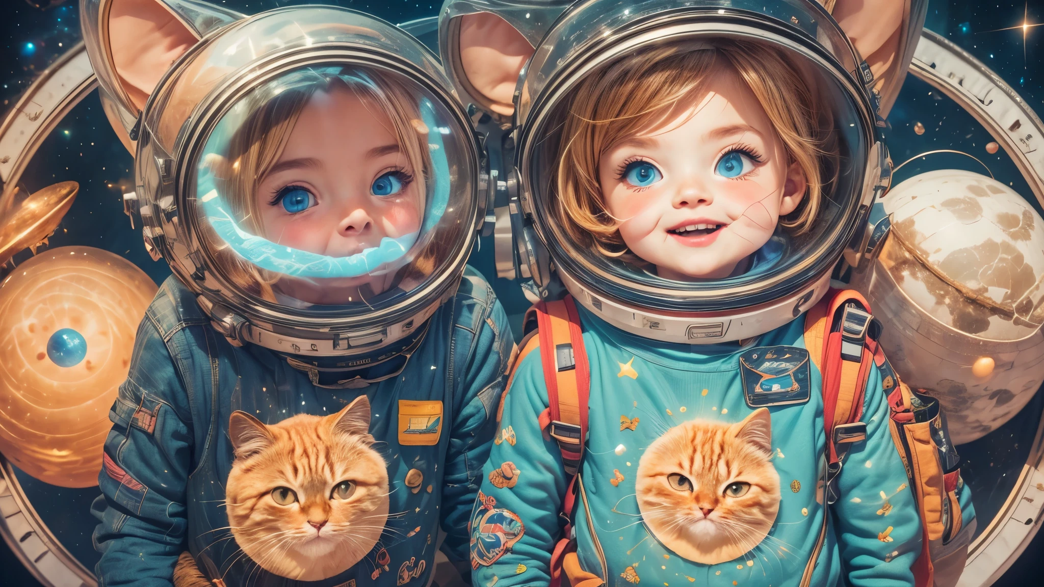 Cartoon illustration of a boy and a girl in space with cat, official fan art, in space, kitten in outer space, in outer space, in deep space, in galaxies, deep space exploration!!!, space travel, wearing in stars and planets, outer space, outer space, starry sky in space, in space, official art, space, on a spaceship, colorful, cute, more detailed, light, more realistic, cartoon