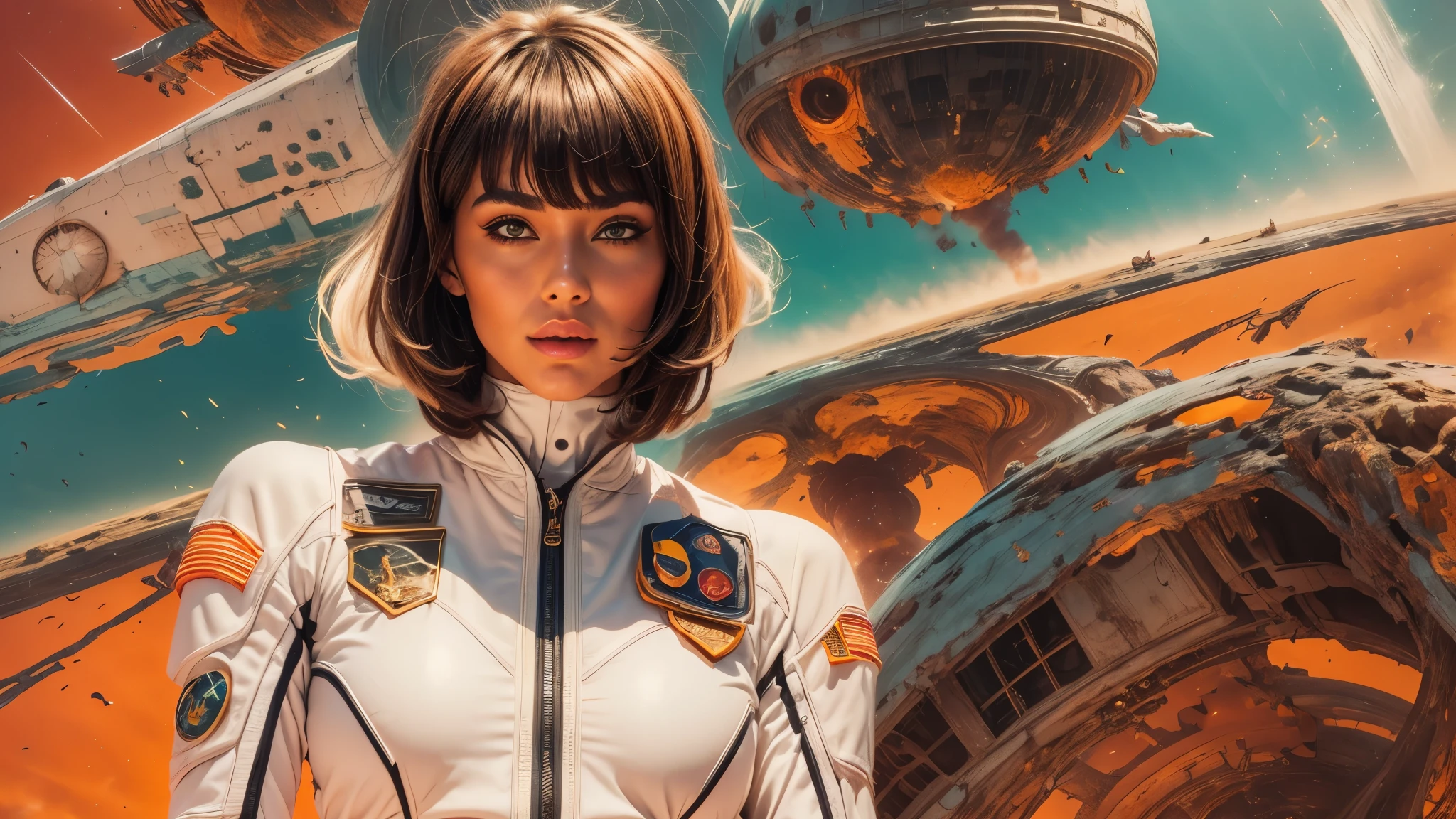 arafed image of a white woman in a futuristic suit with a spaceship in the background, movie art, in front of an orange background, inspired by Robert McGinnis, female protagonist, megastructure in the background, portrait of an ai astronaut, astronauts, an astronaut, portrait of a astronaut skeletor, perfect android girl, detailed eyes, perfectly detailed teeth, frank franzzeta and sakimichan  
