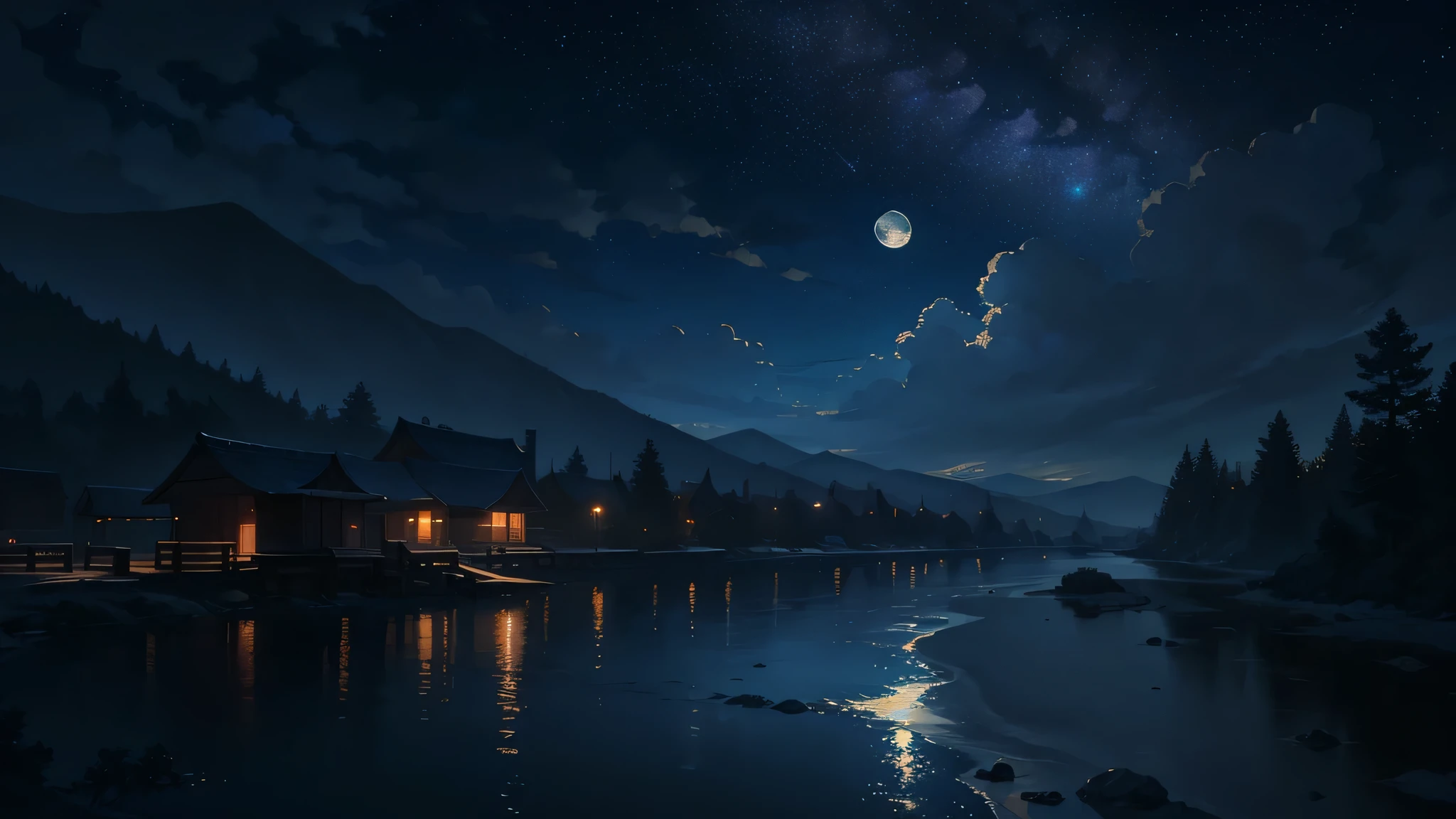 A painting of the river and the stars and the moon in the sky, with bright colors, by Makoto Shinkai. Concept art inspired by Tosa Mitsuoki, pixiv contest winner, best quality, fantasy art, beautiful anime scenes, golden moon, no humans, starry sky, scenery, cloud, sparkle, the scenery of night landscapes, mountain, rivers. A bright moon, starry sky environment under the moonlight, dream painting, anime background art, fantasy landscape art, dreamy night, anime background, background artwork, dreamy art, atmospheric anime, starry sky, details enhanced.