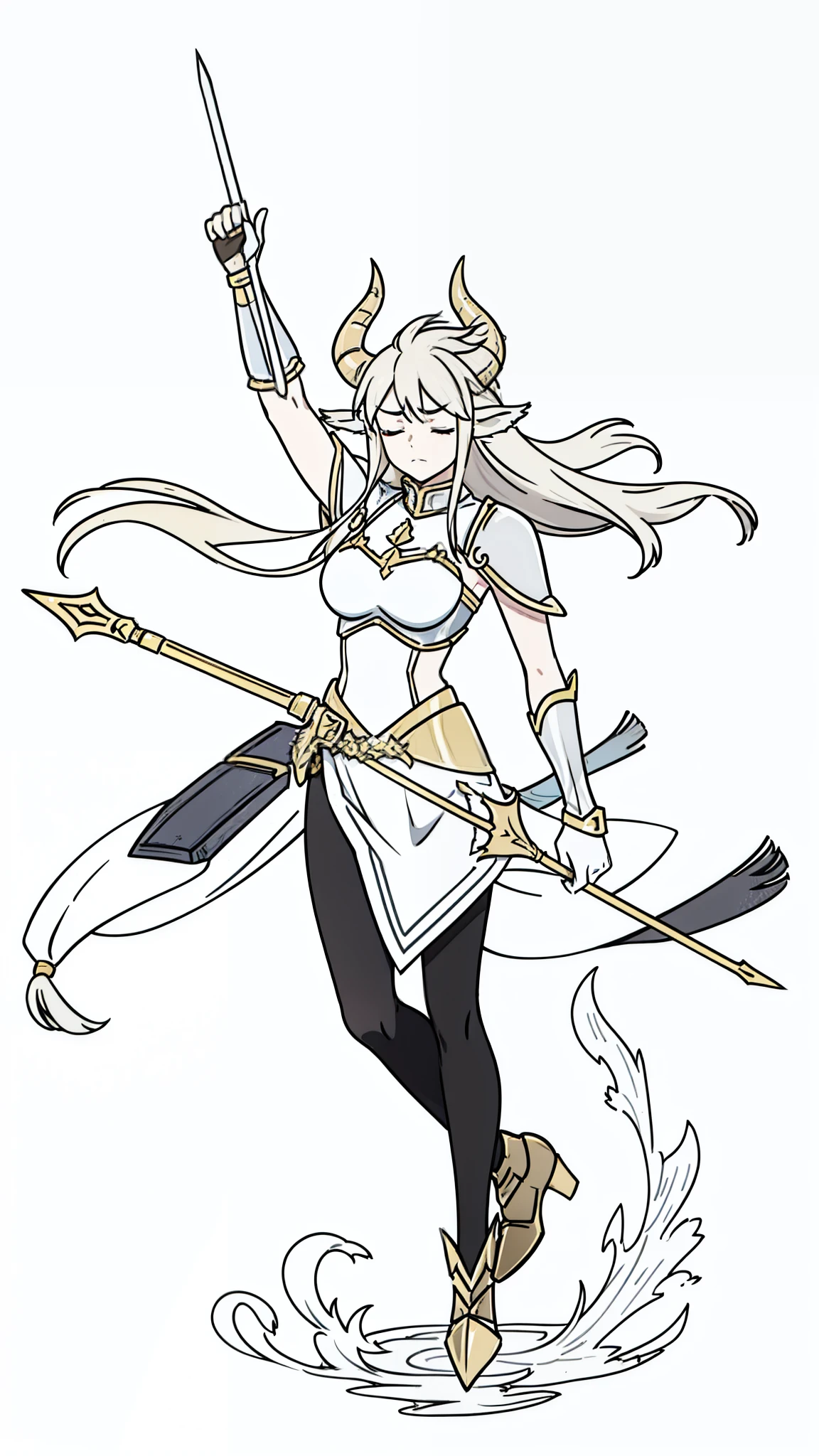 1girl,20 years old,solo,(white background,line drawing),long hair,horns,gold knight armor,cow ears,(black pantyhose),raising the sword up,closed eyes,head up, floating,full body