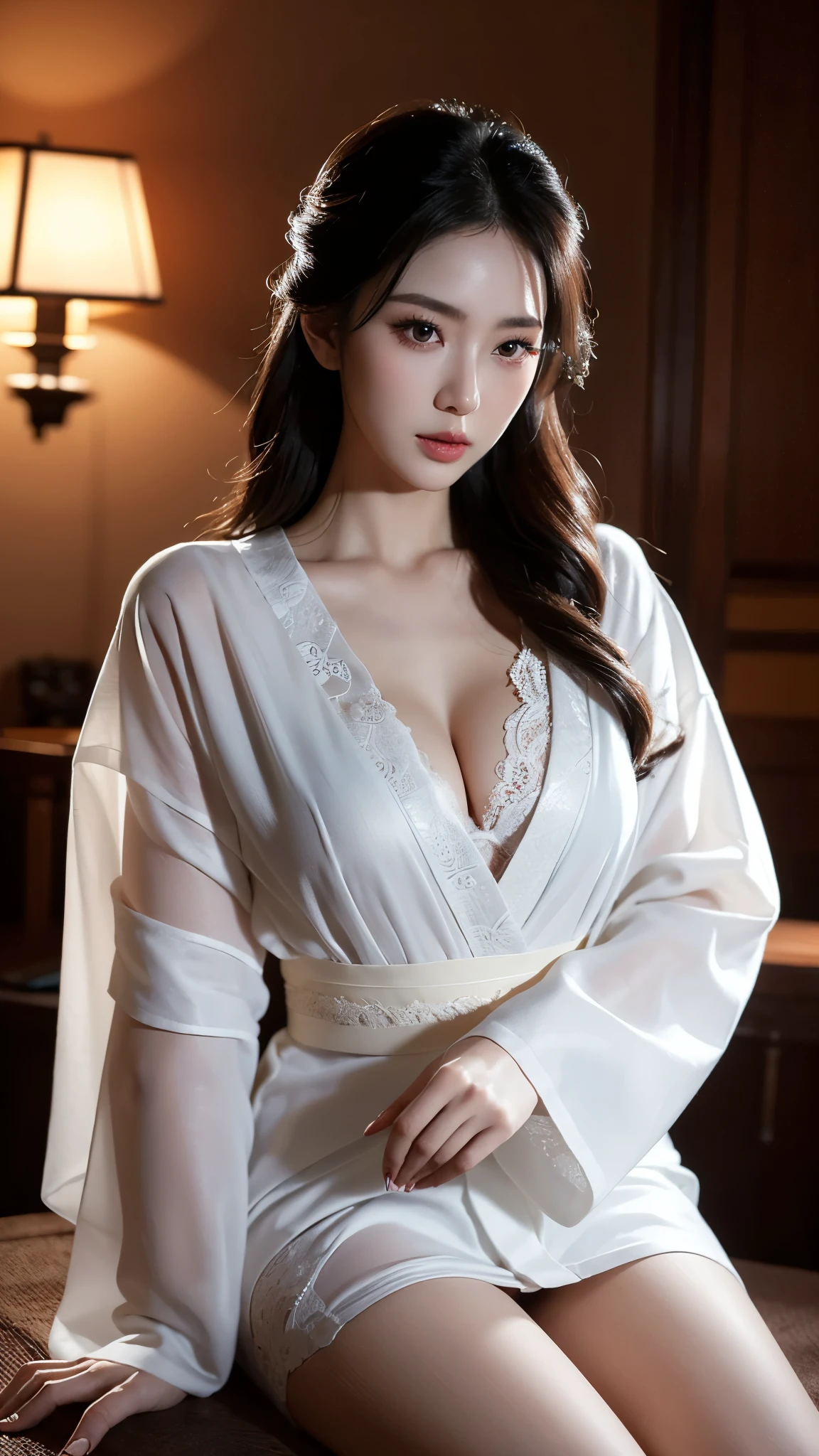 a milf wearing a white kimono, black lingerie, beautiful detailed eyes,beautiful detailed lips,extremely detailed eyes and face,longeyelashes,mature woman,sensual pose,full body shooting,seductive,high quality,photorealistic,dramatic lighting,cinematic,vivid colors,chiaroscuro,moody atmosphere,dark and light contrast,dramatic shadows