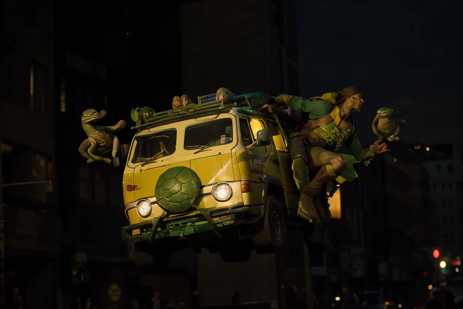 (Best quality, 8k, 32k, Masterpiece, UHD:1.2) Transform the setting of this image to feature the Teenage Mutant Ninja Turtles riding their iconic Turtle Party Van leaping through mid-air over a busy New York City street at night. The background should showcase a wide-angle view of the cityscape, with vibrant lights and towering skyscrapers, creating a dramatic and dynamic atmosphere.

Introduce the Teenage Mutant Ninja Turtles in action poses, each engaged in dynamic ninja activities. The turtles should have realistic reptilian details and textures while maintaining their humanoid appearance. Leonardo, with a textured blue bandana, should have smooth, greenish-brown skin and a detailed shell featuring subtle patterning. Michelangelo, wearing an orange bandana, should have a speckled, olive-green skin tone with webbed fingers and toes. Donatello, in a purple bandana, should exhibit darker, rugged skin with patches of mottled brown. Raphael, sporting a red bandana, should have rougher skin texture with visible veins and a deep green hue.

Highlight their reptilian nature with realistic skin textures, scales, and moist surfaces. The Turtle Party Van should be depicted mid-leap, with the turtles either inside or hanging onto the vehicle, performing ninja stunts. The lighting should be dynamic, with contrasted shadows and highlights that accentuate their forms and the details of their surroundings. Utilize the environmental lighting from the city below, such as streetlights, car headlights, and illuminated windows, to cast realistic glows and reflections on the turtles and the van, enhancing the sense of motion and depth.

Ensure the scene captures the energy and excitement of the turtles and their van leaping through the night sky, with the bustling, illuminated New York City providing a thrilling backdrop. ((realistic car)) 