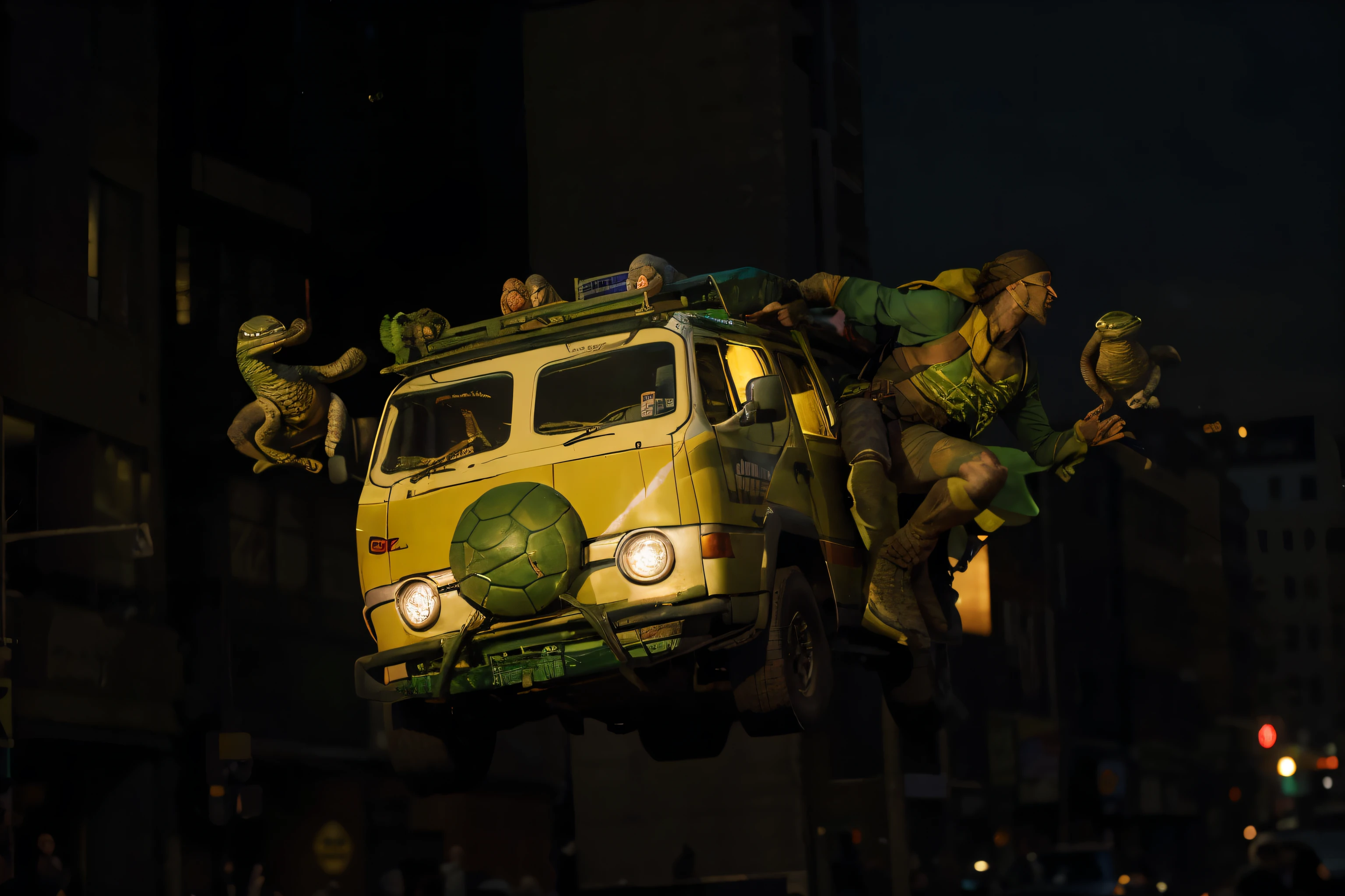 (Best quality, 8k, 32k, Masterpiece, UHD:1.2) Transform the setting of this image to feature the age Mutant Ninja Turtles riding their iconic Turtle Party Van leaping through mid-air over a busy New York City street at night. The background should showcase a wide-angle view of the cityscape, with vibrant lights and towering skyscrapers, creating a dramatic and dynamic atmosphere.
Introduce the TeenMutant Ninja Turtles in action poses, each engaged in dynamic ninja activities. The turtles should have realistic reptilian details and textures while maintaining their humanoid appearance. Leonardo, with a textured blue bandana, should have smooth, greenish-brown skin and a detailed shell featuring subtle patterning. Michelangelo, wearing an orange bandana, should have a speckled, olive-green skin tone with webbed fingers and toes. Donatello, in a purple bandana, should exhibit darker, rugged skin with patches of mottled brown. Raphael, sporting a red bandana, should have rougher skin texture with visible veins and a deep green hue.
Highlight their reptilian nature with realistic skin textures, scales, and moist surfaces. The Turtle Party Van should be depicted mid-leap, with the turtles either inside or hanging onto the vehicle, performing ninja stunts. The lighting should be dynamic, with contrasted shadows and highlights that accentuate their forms and the details of their surroundings. Utilize the environmental lighting from the city below, such as streetlights, car headlights, and illuminated windows, to cast realistic glows and reflections on the turtles and the van, enhancing the sense of motion and depth.
Ensure the scene captures the energy and excitement of the turtles and their van leaping through the night sky, with the bustling, illuminated New York City providing a thrilling backdrop. ((realistic car))