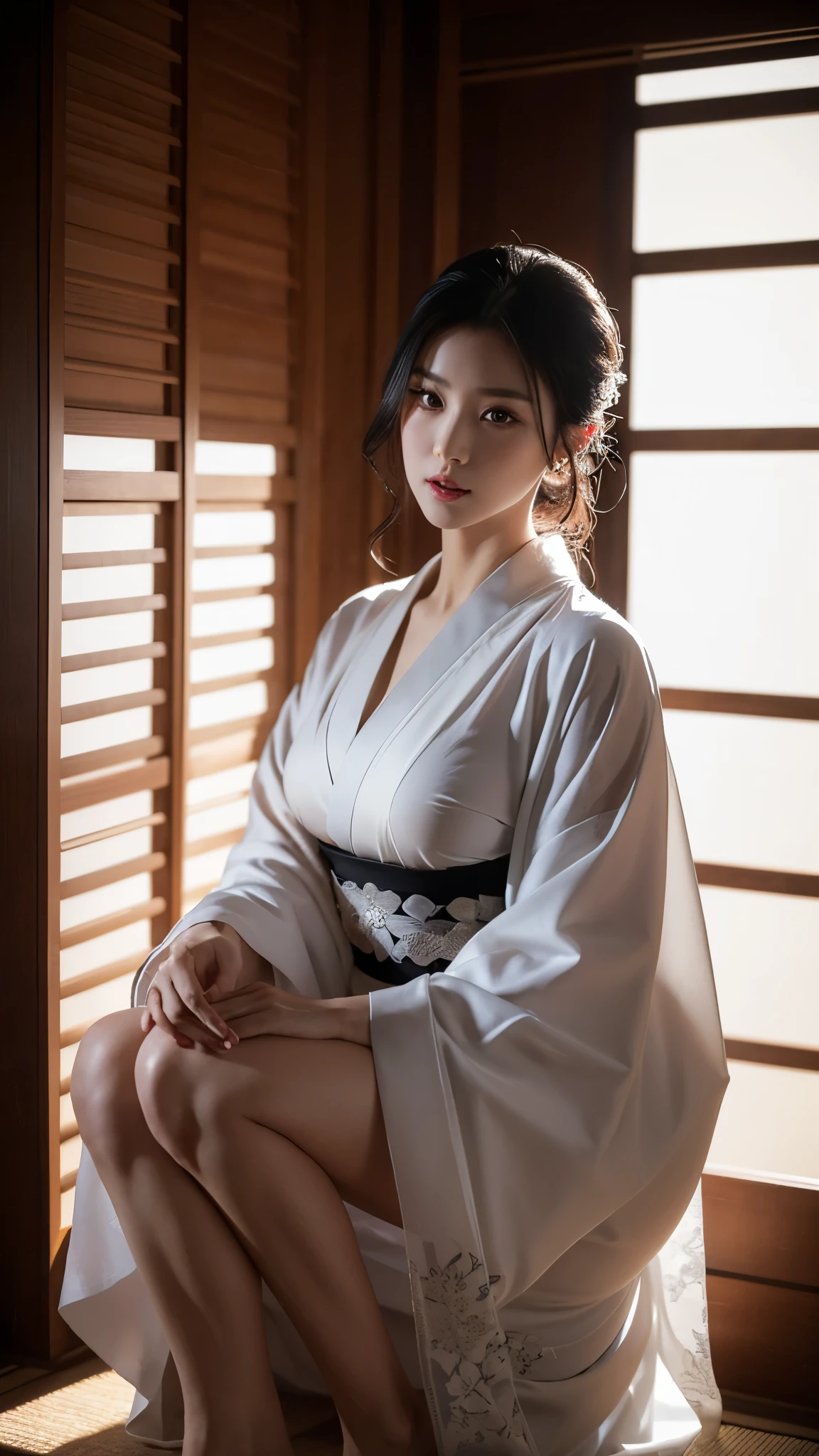 a milf wearing a white kimono, black lingerie, beautiful detailed eyes,beautiful detailed lips,extremely detailed eyes and face,longeyelashes,mature woman,sensual pose,full body shooting,seductive,high quality,photorealistic,dramatic lighting,cinematic,vivid colors,chiaroscuro,moody atmosphere,dark and light contrast,dramatic shadows