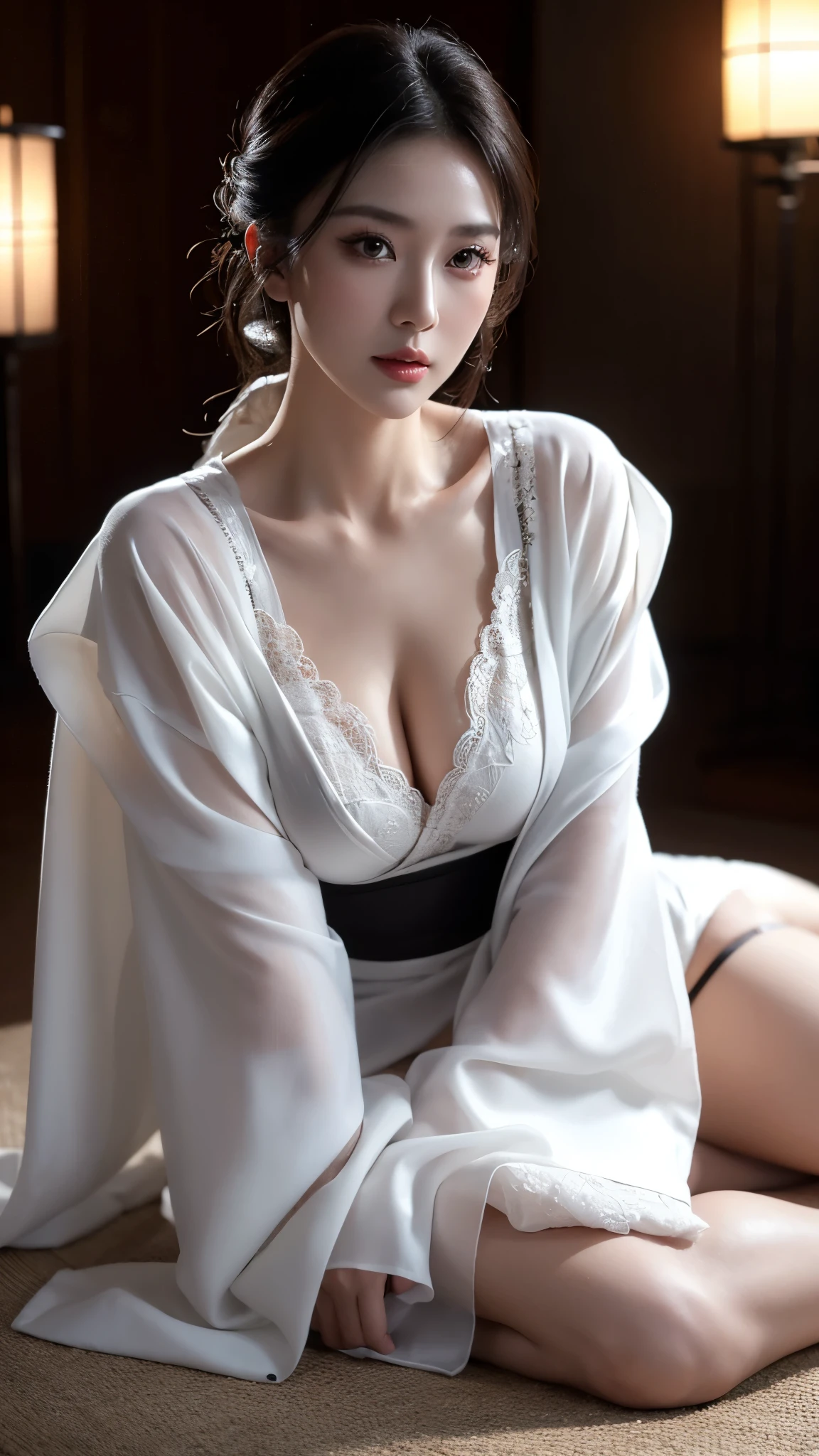 a milf wearing a white kimono, black lingerie, beautiful detailed eyes,beautiful detailed lips,extremely detailed eyes and face,longeyelashes,mature woman,sensual pose,full body shooting,seductive,high quality,photorealistic,dramatic lighting,cinematic,vivid colors,chiaroscuro,moody atmosphere,dark and light contrast,dramatic shadows