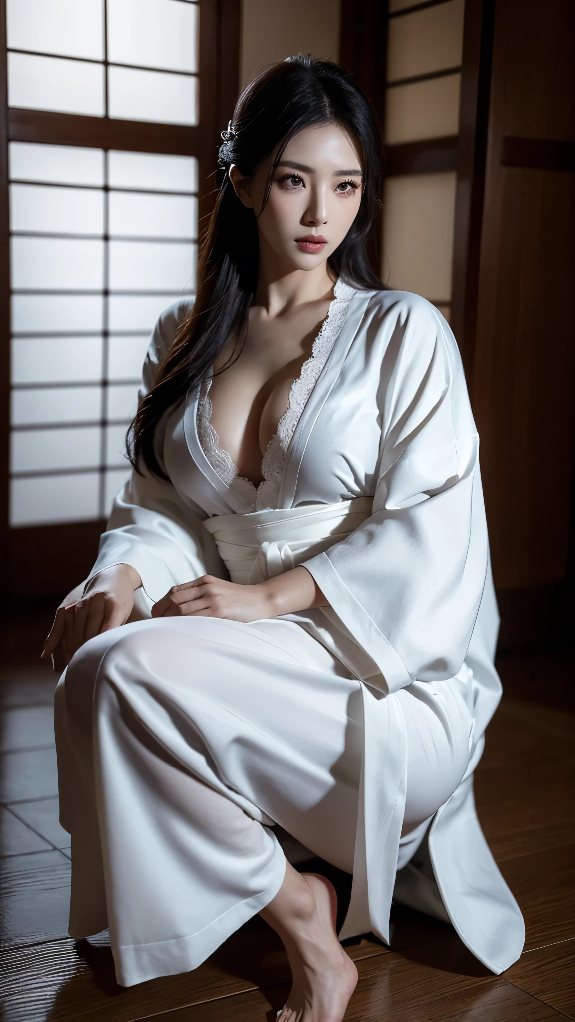 a  wearing a white kimono, black lingerie, beautiful detailed eyes,beautiful detailed lips,extremely detailed eyes and face,longeyelashes,matuan,sensual pose,full body shooting,seductive,high quality,photorealistic,dramatic lighting,cinematic,vivid colors,chiaroscuro,moody atmosphere,dark and light contrast,dramatic shadows