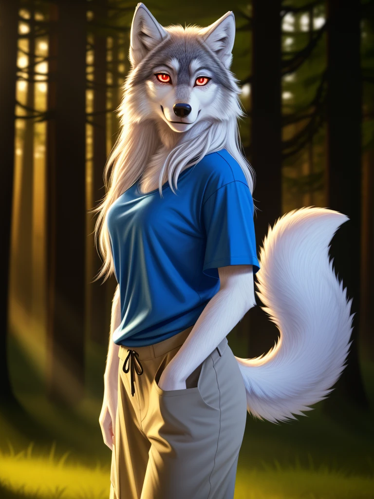 Posing, Female, 30 years old, cute, eyeliner, long hair, biting lip smile, blue shirt, bedroom eyes, anthro, wolf ears, (white fur:1.5), baggy shirt, wolf, forest background, 8k, hi res, (best quality, masterpiece), red glowing eyes, (wolf tail:1.5), detailed fur