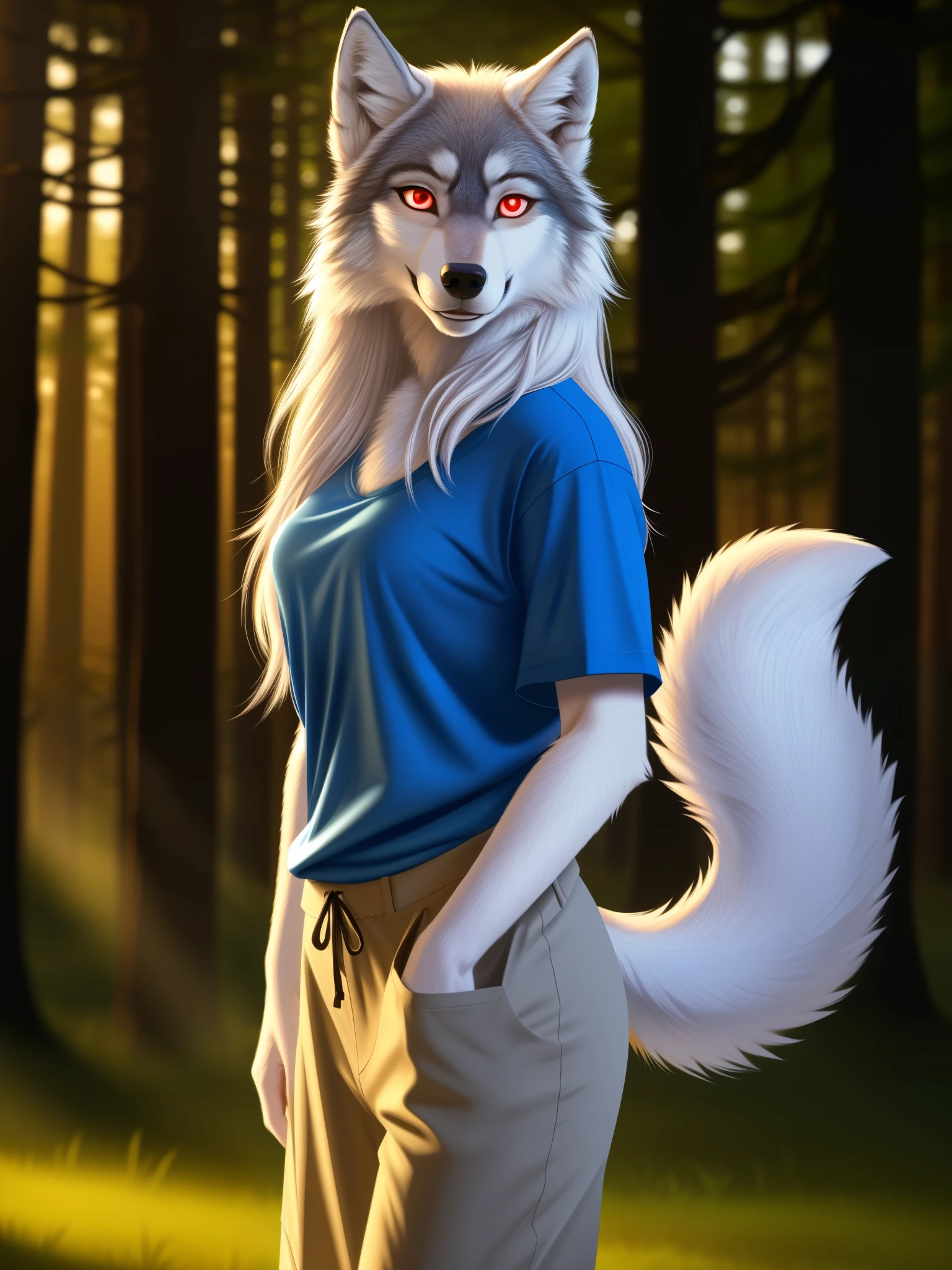 Posing, Female, 30 years old, cute, eyeliner, long hair, biting lip smile, blue shirt, bedroom eyes, anthro, wolf ears, (white fur:1.5), baggy shirt, wolf, forest background, 8k, hi res, (best quality, masterpiece), red glowing eyes, (wolf tail:1.5), detailed fur