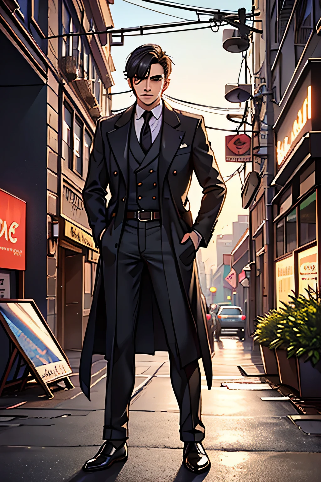 a 22 year old italian man with deep eyes and olive skin, short hair or side-parted hairstyle, wearing a black mafia suit, trenchcoat, tie and cufflinks, leather gloves, holster, standing confidently with one hand in pocket, alert gaze, on a 20th century chicago street with vintage buildings and neon lights, at a pawnshop at night, dramatic lighting, (best quality,4k,8k,highres,masterpiece:1.2),ultra-detailed,(realistic,photorealistic,photo-realistic:1.37),chiaroscuro lighting,dramatic shadows,cinematic composition,ultra-fine details,vivid colors