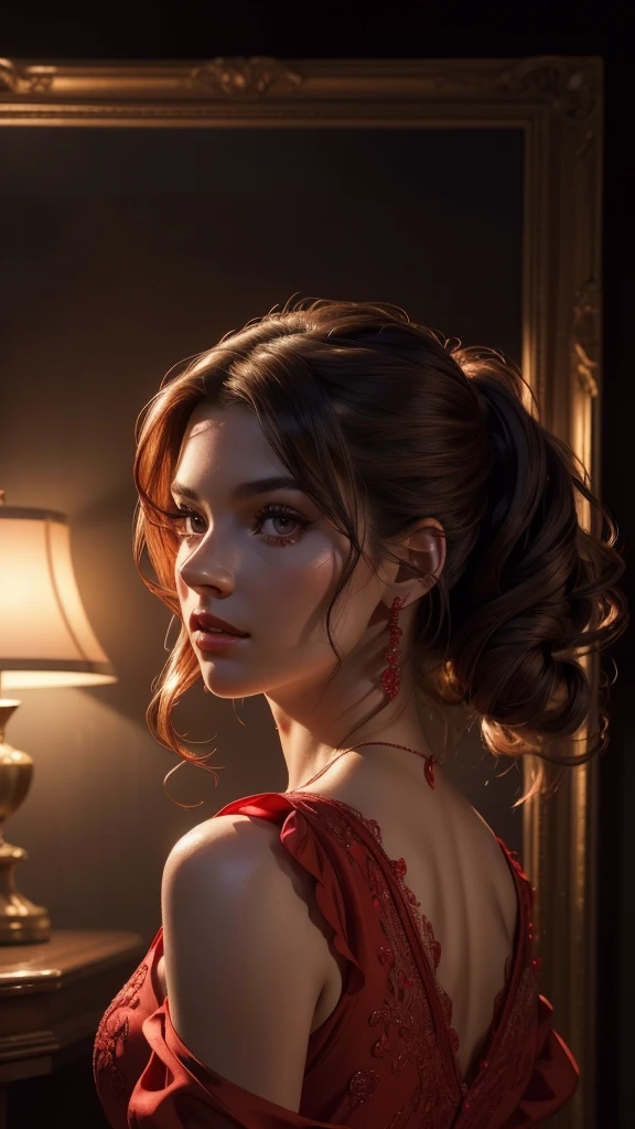 a beautiful girl in a red dress, detailed face, long eyelashes, delicate facial features, (best quality,4k,8k,highres,masterpiece:1.2),ultra-detailed,(realistic,photorealistic,photo-realistic:1.37),dramatic lighting,warm color grading,cinematic,moody atmosphere,dramatic shadows,intricate details,elegant pose,graceful movement,stunning portrait