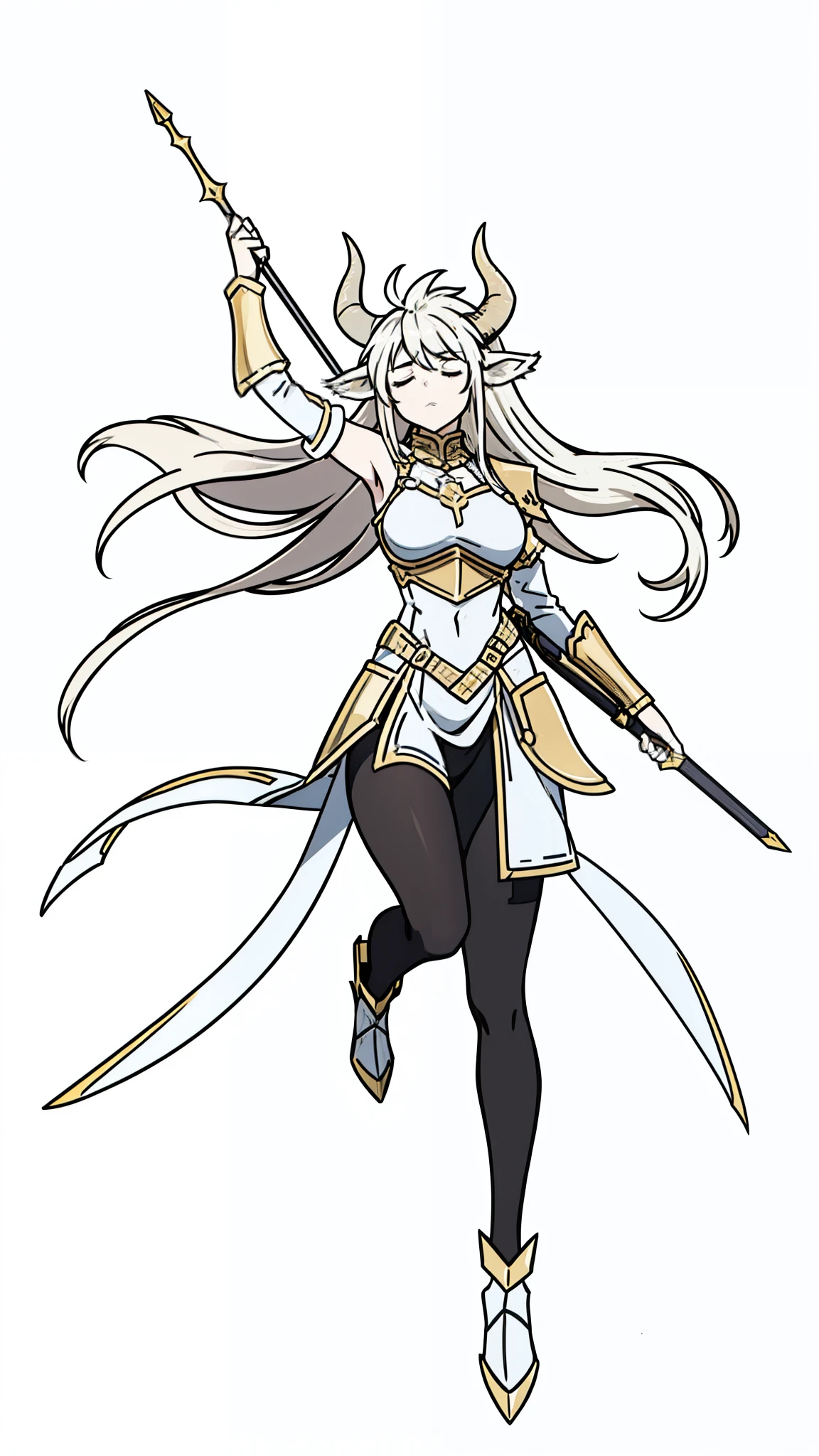 1girl,20 years old,solo,(white background,line drawing),long hair,horns,gold knight armor,cow ears,(black pantyhose),raising the sword up,closed eyes,head up, floating,full body