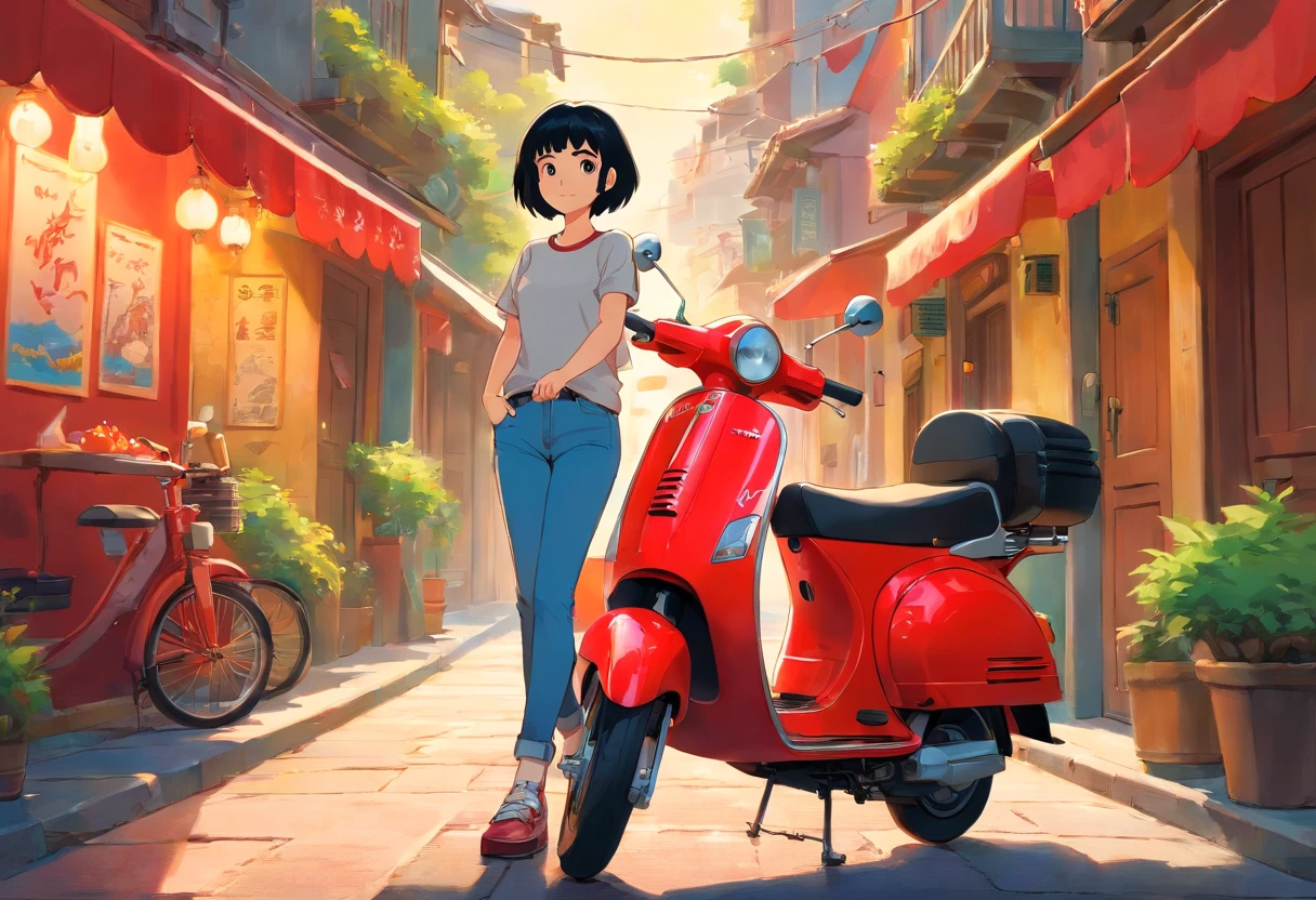 A young woman with short black hair, wearing casual jeans and a t-shirt, standing next to a red scooter, vibrant and colorful surroundings, Ghibli style, highly detailed, warm lighting