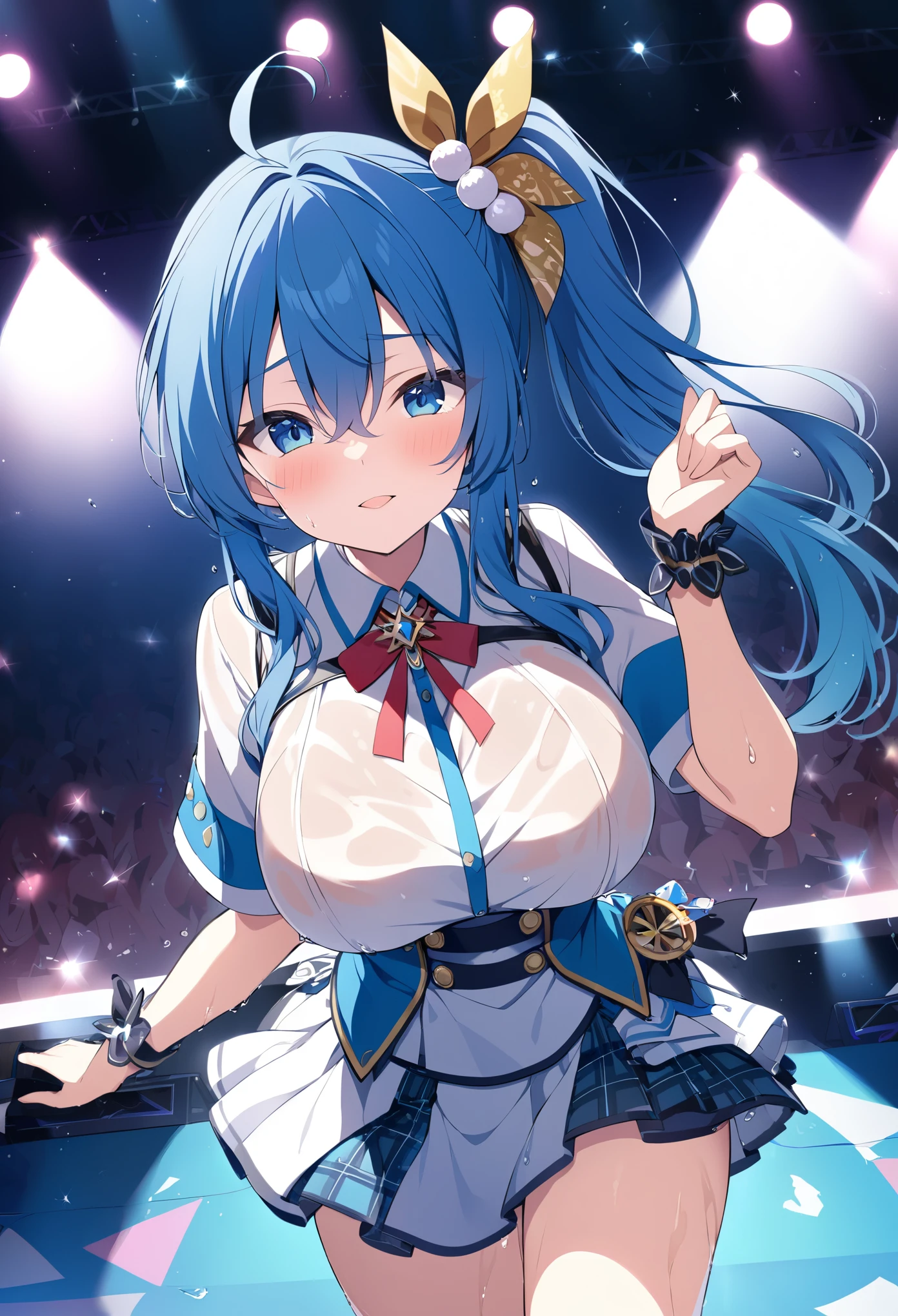 ORIBECHIKA, BLUE HAIR, SIDE PONYTAIL, HAIR BOBBLES, HAIR ORNAMENT, HAIR BETWEEN EYES, LONG HAIR, BLUE EYES,, large breasts,, Live Stage, solo　wet