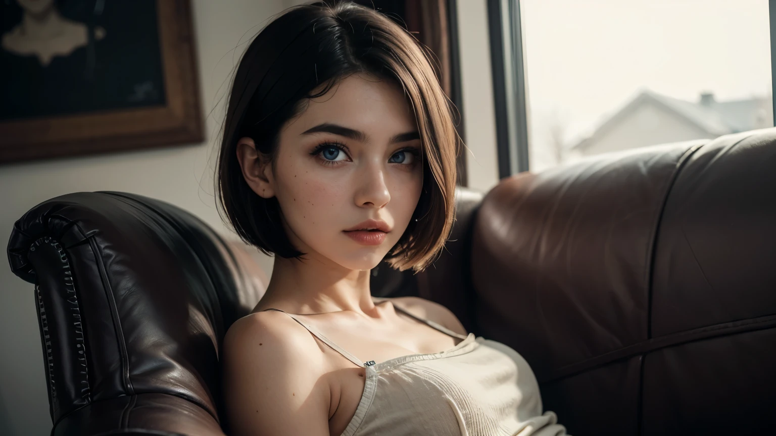 35mm film, solo, bob cut, makeup, blue eyes, small tits, (anime school uniform) (((in a armchair))) upper body, epiCPhoto,focus on face, close to viewer, intricate lines, intriguing atmosphere, sharp magnificent details, delicate features, elaborate details, beautiful girl, black hair, (short hair) twenty year old woman, ((upper body)) (Acne), ((interior lighting))