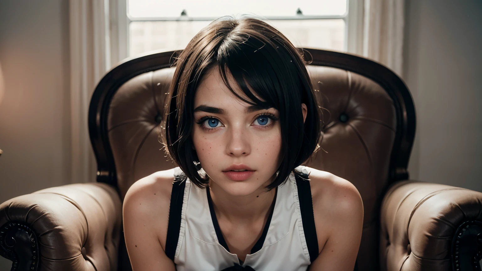 35mm film, solo, bob cut, makeup, blue eyes, small tits, (anime school uniform) (((in a armchair))) upper body, epiCPhoto,focus on face, close to viewer, intricate lines, intriguing atmosphere, sharp magnificent details, delicate features, elaborate details, beautiful girl, black hair, (short hair) twenty year old woman, ((upper body)) (Acne), ((interior lighting))