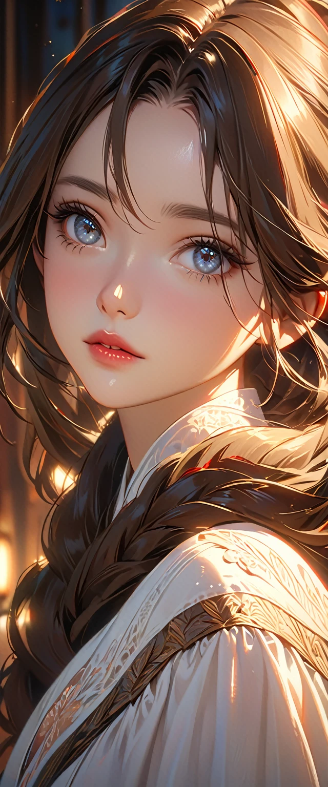 1 girl, elegant, portrait photography, exquisitely detailed face, beautifully detailed eyes, beautifully detailed lips, extremely detailed eyes and face, long eyelashes, delicate skin, serene expression, soft lighting, warm color tones, intricate details, photorealistic, 8k, best quality, masterpiece, high-resolution, ultra-detailed, cinematic lighting, dramatic atmosphere