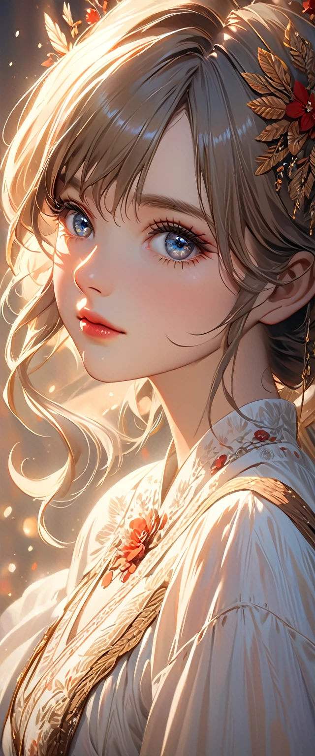 1 girl, elegant, portrait photography, exquisitely detailed face, beautifully detailed eyes, beautifully detailed lips, extremely detailed eyes and face, long eyelashes, delicate skin, serene expression, soft lighting, warm color tones, intricate details, photorealistic, 8k, best quality, masterpiece, high-resolution, ultra-detailed, cinematic lighting, dramatic atmosphere