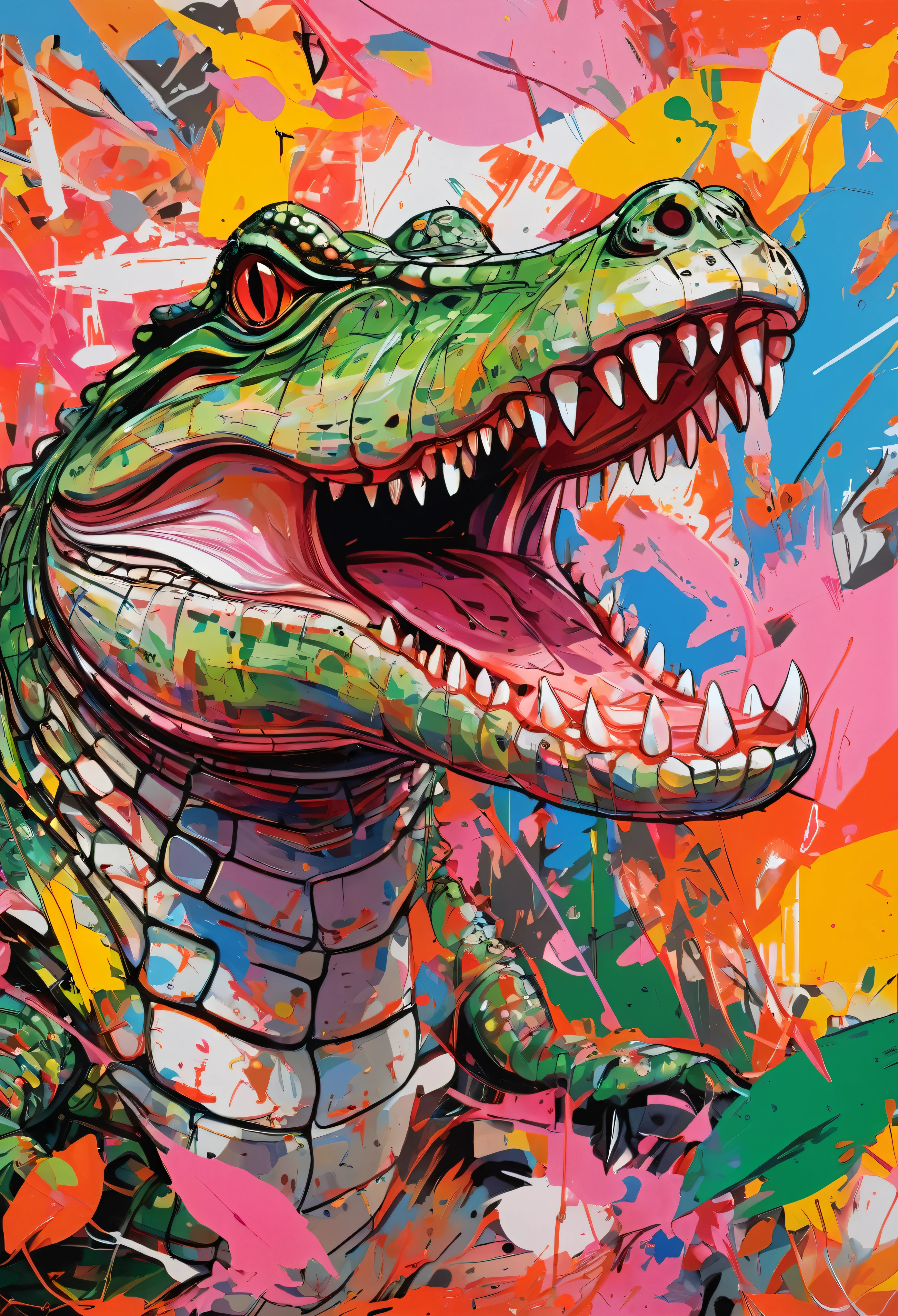 Graffiti, scribble, Comics by Petra Cortright, best quality, masterpiece, crocodile artwork, Representative work, official art, Professional, Ultra intricate detailed, 8k, crocodile art, colourful background