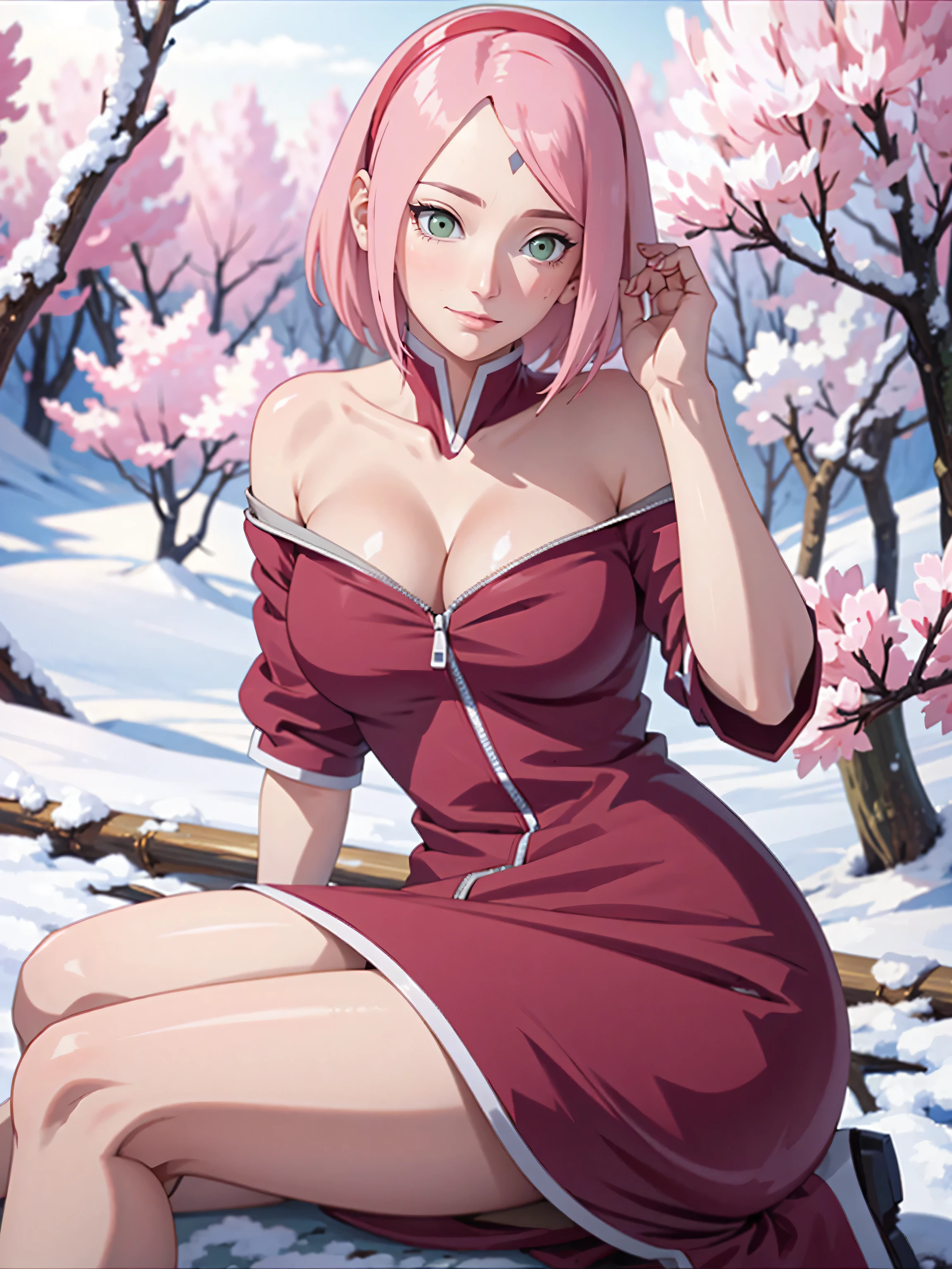 tmasterpiece, Best quality at best, 1girll, Sakura Haruno, Large breasts,Off-the-shoulder attire,(cleavage),(upperbody closeup),Raised sexy,is shy,ssmile,with pink hair,short hair, (Green eyeballs:1.4), Forehead protection, the cherry trees,Cherry blossoms flying,Red clothes,Zipper half, sitting on the ground