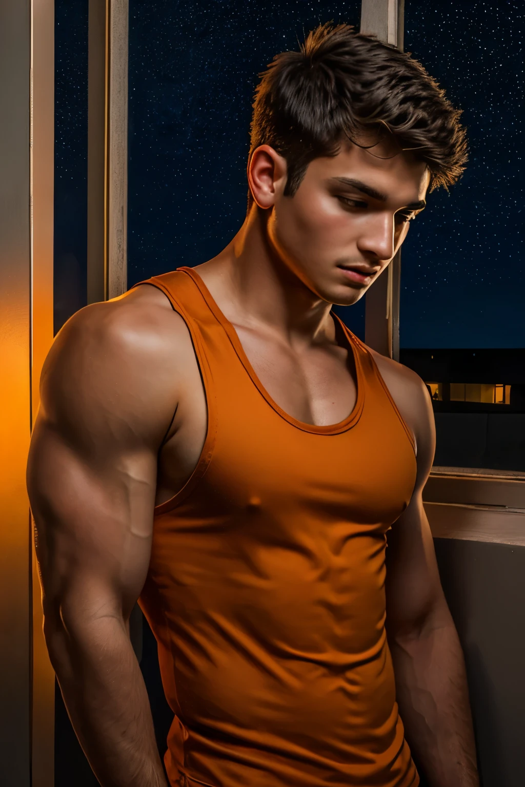 solo, 1boy, male focus, tank top, upper body, a man in a tank top, in prison, dark orange night sky