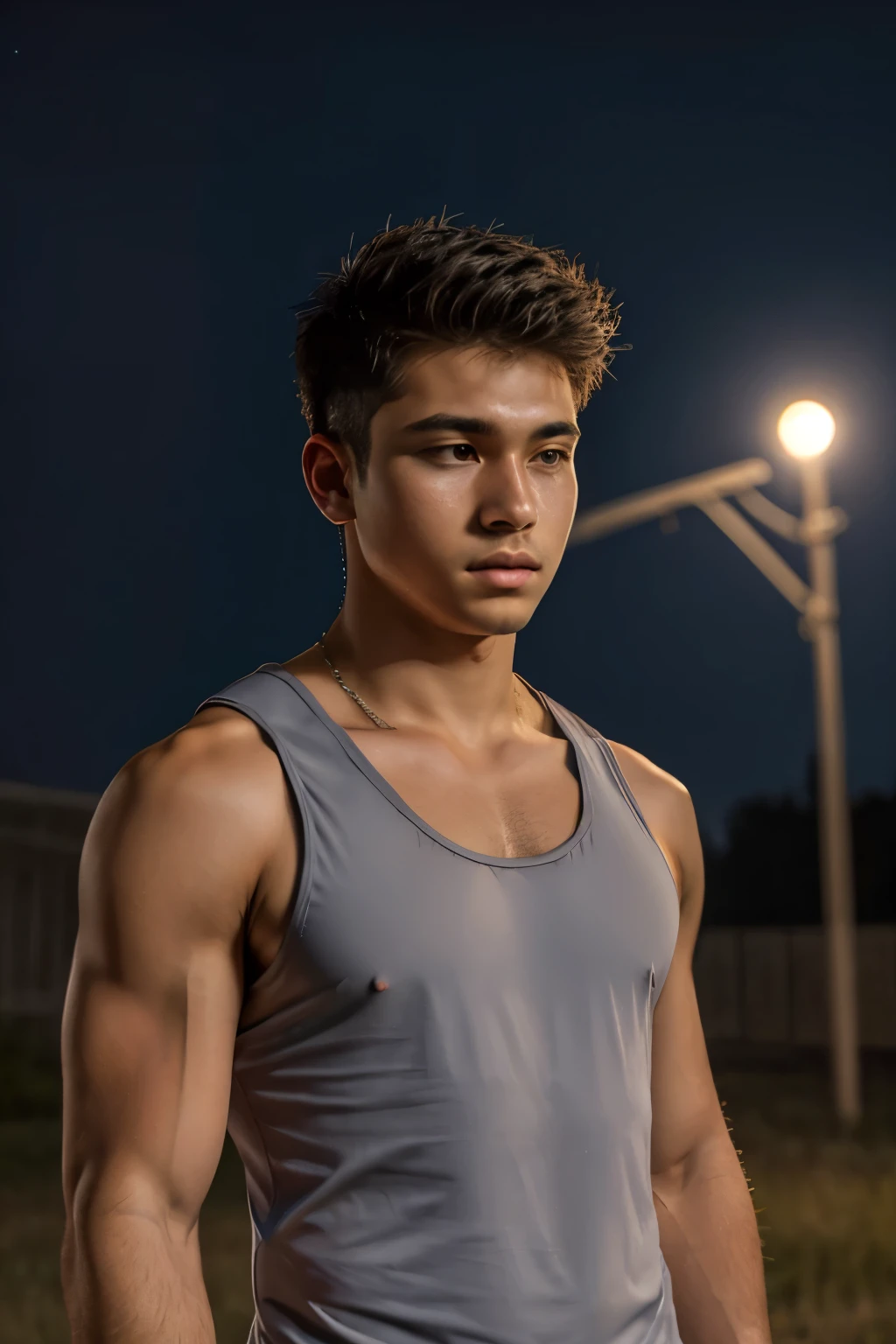 solo, 1boy, male focus, tank top, upper body, a man in a tank top, in prison, dark orange night sky