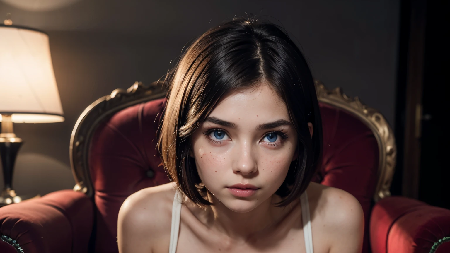 35mm film, solo, bob cut, makeup, blue eyes, small tits, (anime school uniform) (((in a armchair))) upper body, epiCPhoto,focus on face, close to viewer, intricate lines, intriguing atmosphere, sharp magnificent details, delicate features, elaborate details, beautiful girl, black hair, (short hair) twenty year old woman, ((upper body)) (Acne), ((interior lighting))