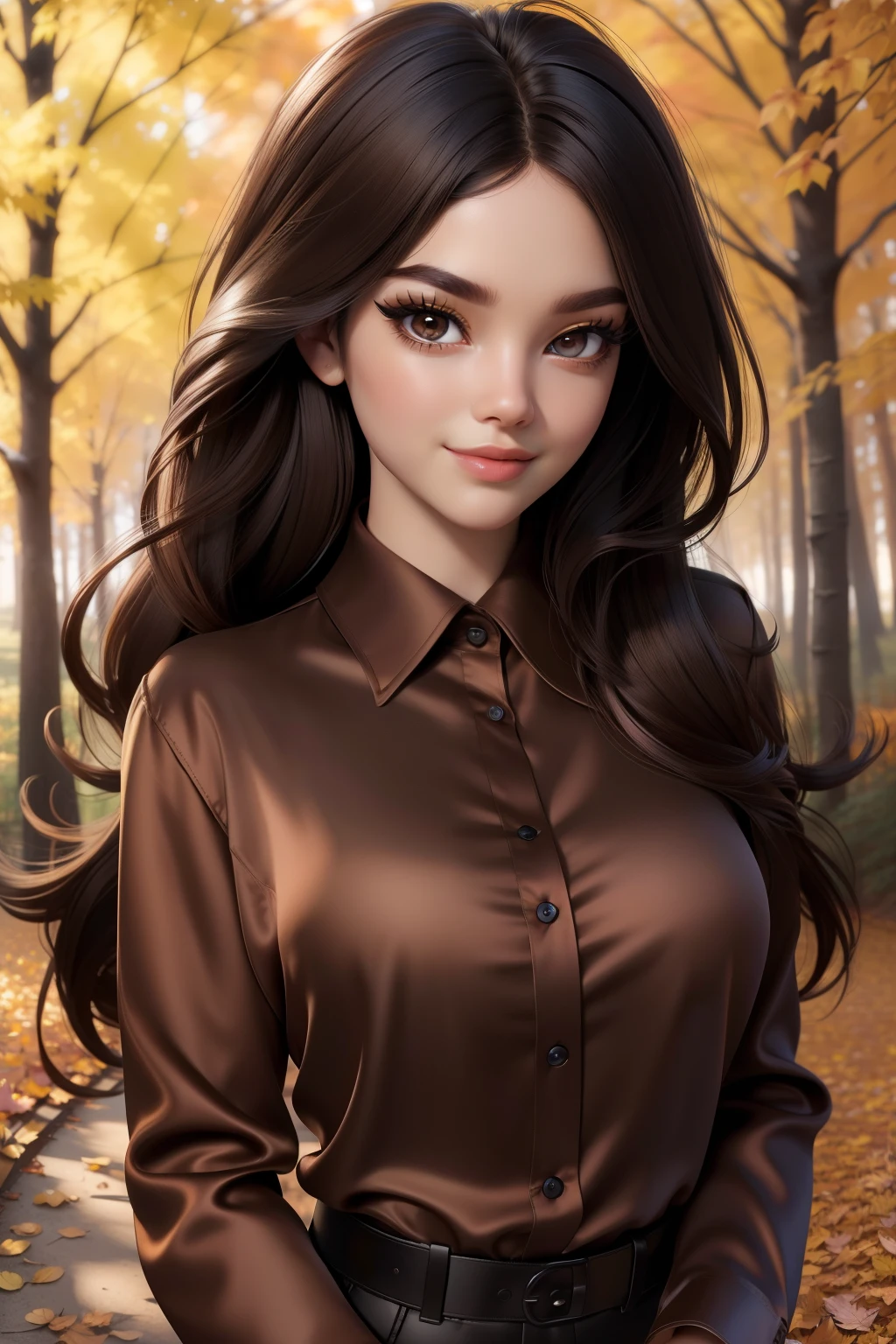 Masterpiece, realistic, best quality, best lighting, 1 girl photo solo, beautifully makeup, eyeshadow, Parted Lips, Detailed Eyes, beautiful big eyes, long eye lashes, smile, long black messy hair, ((brown satin long shirt)), walk surrounded by beautiful natural landscapes, autumn falls
