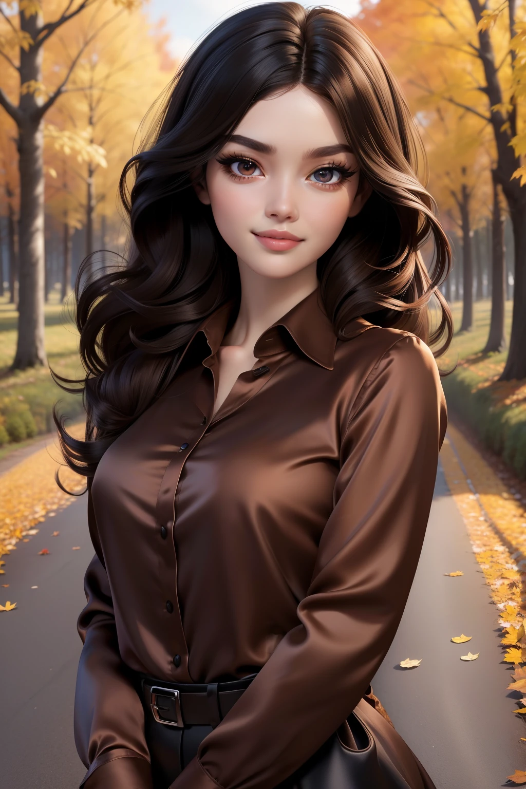 Masterpiece, realistic, best quality, best lighting, 1 girl photo solo, beautifully makeup, eyeshadow, Parted Lips, Detailed Eyes, beautiful big eyes, long eye lashes, smile, long black messy hair, ((brown satin long shirt)), walk surrounded by beautiful natural landscapes, autumn falls
