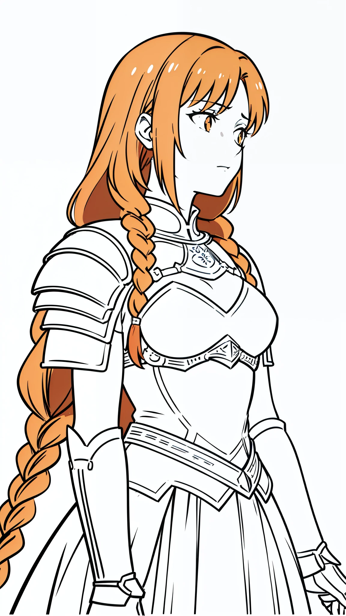 (1girl,20 years old,mature female,solo),tiger ears,long hair,(twin braids),orange hair,knight armor,(white background,line drawing),perfil,concerned,hands on chest,separated lips,upper body