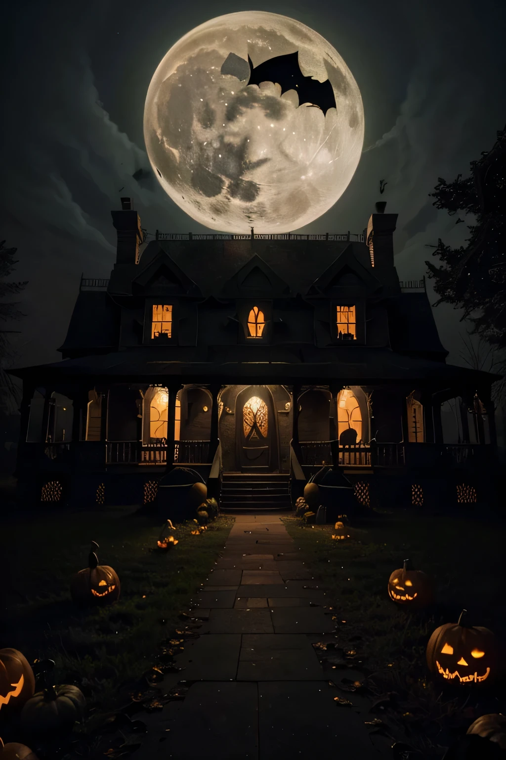 a spooky haunted house, pumpkins, bats, full moon, black cats, trick-or-treaters, jack-o-lanterns, cobwebs, eerie fog, (best quality,4k,8k,highres,masterpiece:1.2),ultra-detailed,(realistic,photorealistic,photo-realistic:1.37),horror,dark moody colors,dramatic lighting
