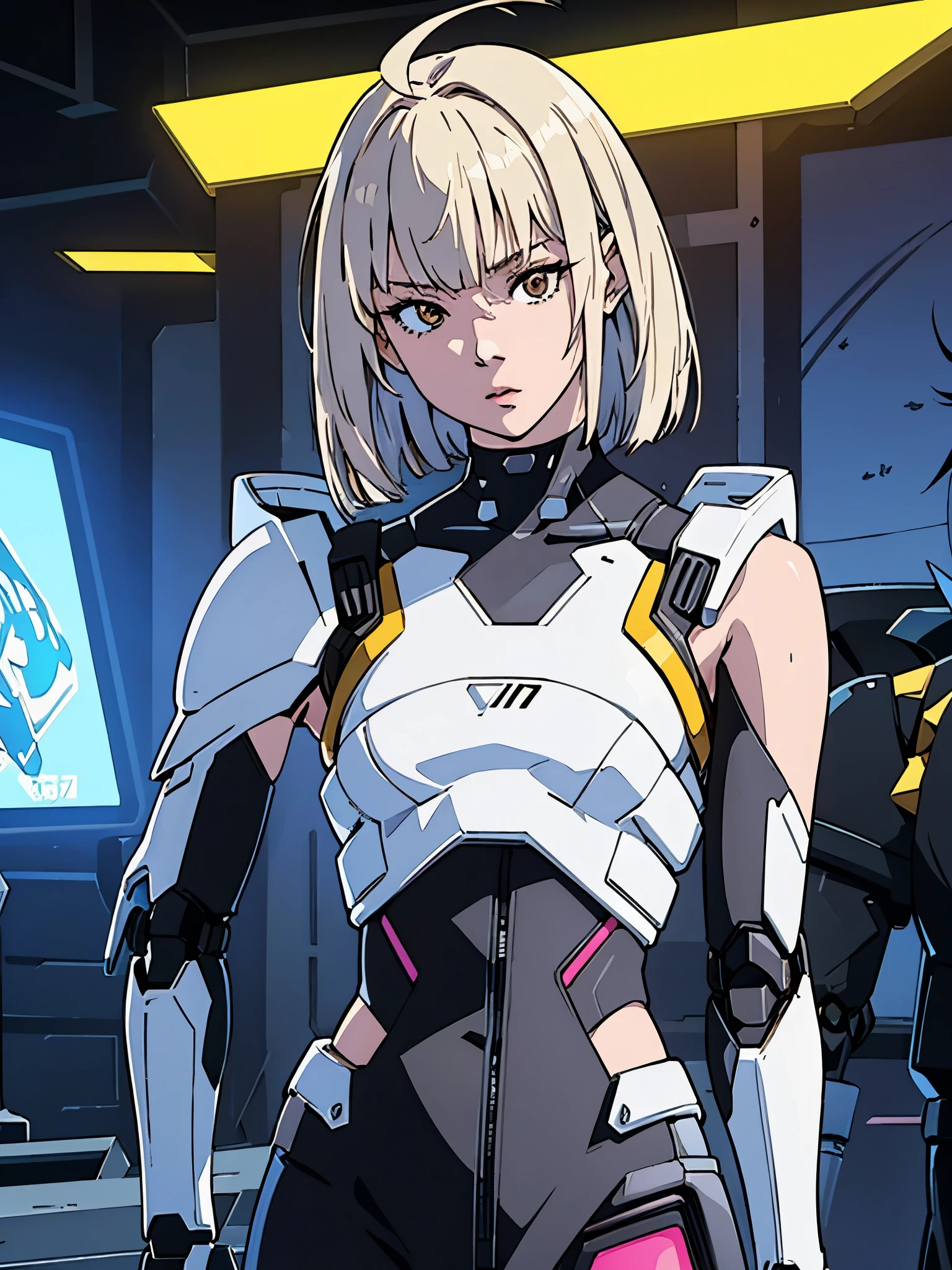 digital art drawing, illustration of (Winter from k-pop group aespa, short white hair with bangs, brown eyes, flat chest, topless, nude, exposed breasts, cyborg girl, android, droid, mecha, mechanical fusion, exoskeleton, metal robotic arms, evil look, wires and cables connecting to the head, neon details, cyberpunk 2077), anime drawing/art, bold linework, illustration, digital art, masterpiece, flat illustration, no shadows, 8k resolution, high detail, vector art, only anime, perfect eyes, perfect hands, perfect fingers, sharpness, high clarity, medium shot, high fidelity