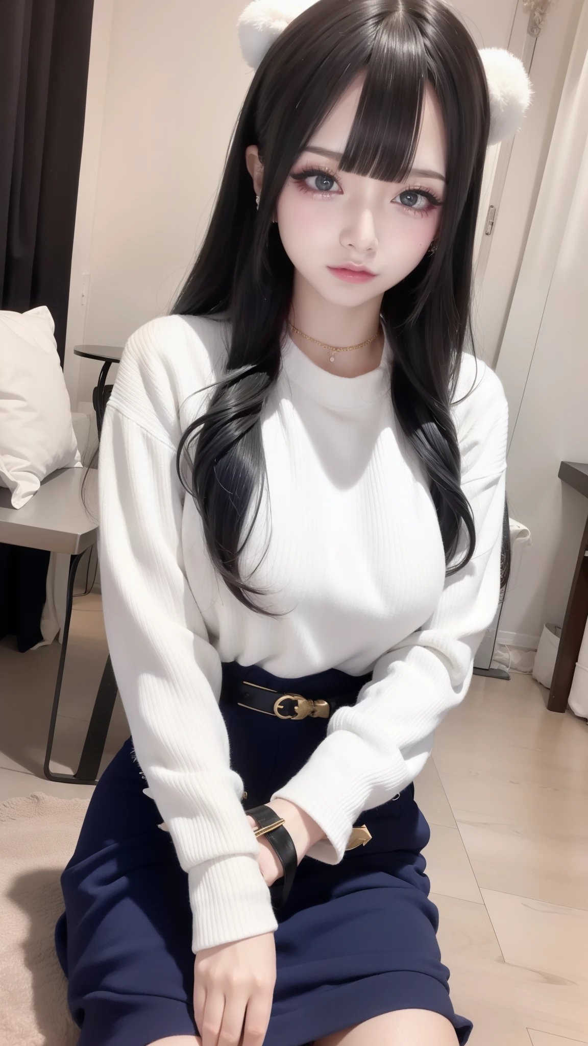 highest quality、8k、32k、masterpiece、Super vivid、Highest quality、8k full vision, Cinematic lighting:1.2)、(Blue right), One Girl、Long Hair Girl、Beautiful Japanese Women、Black-haired、Heavy bangs、Long sleeve shirt、Hair length、Fluffy white sweater、Accentuate your breasts、G-Cup,choker、(Super big boobs), (jirai makeup, Jirai Girl), Sparkling glitter eye makeup, From feet to head、
indoor、moonlit room、A room in an apartment with a sense of life