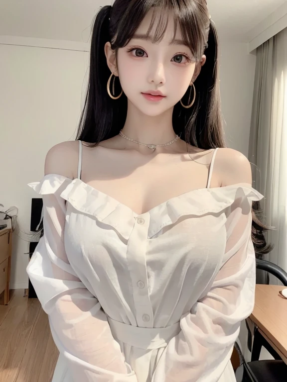 (lifelike, high resolution:1.3), 1 girl with a perfect figure, The face shape and eyes are super beautiful,Long hair, Random style off-the-shoulder tulle skirt:1.2, Short jeans, Big boobs,Showing cleavage