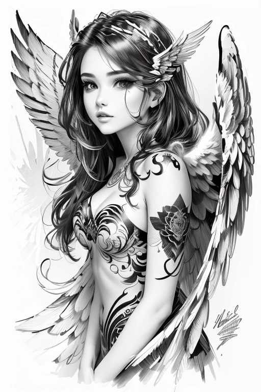 8k, charcoal pencil drawing, a black and white drawing of an angel with wings, of a beautiful Angel girl, angel winged girl, Angel girl, goddess. extremely high details, ink art, extremely fine ink lineart, ink drawing, angel knight gothic girl, Portrait of a beautiful angel, beautiful female angel, beautiful Angel girl portrait, by Rick Naguaro, tattoo design, Beautiful line art