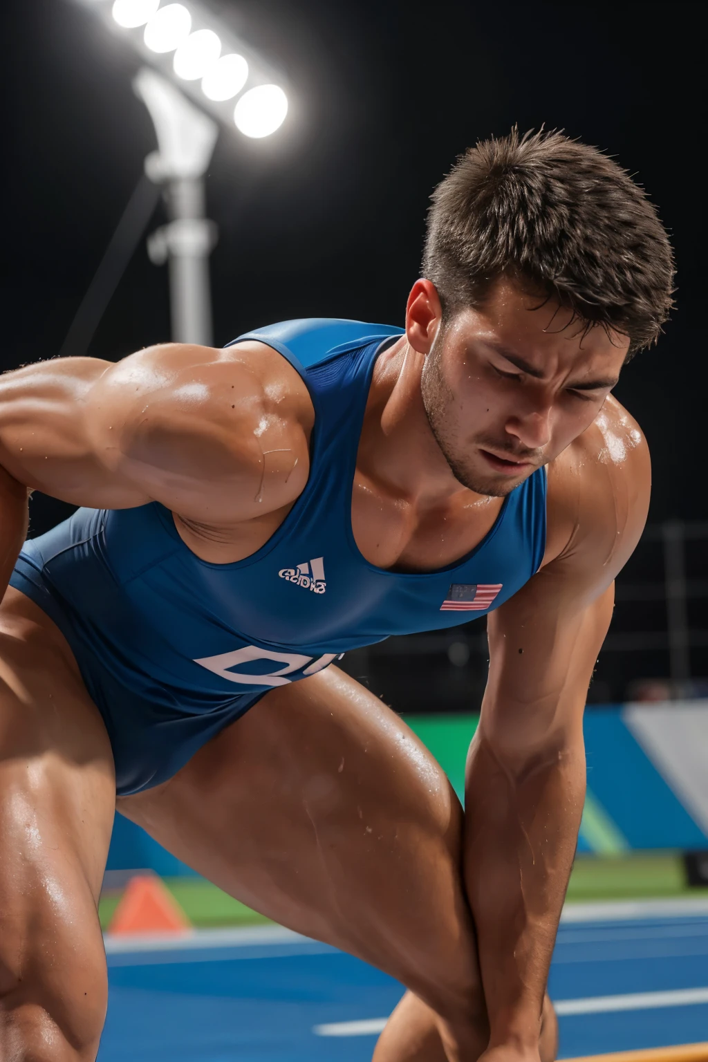 photo of a man, participating in the olympic games, action shot, sweaty, exhausted, muscular, spot light, realistic, best quality, detailed background, depth of field, intricate details