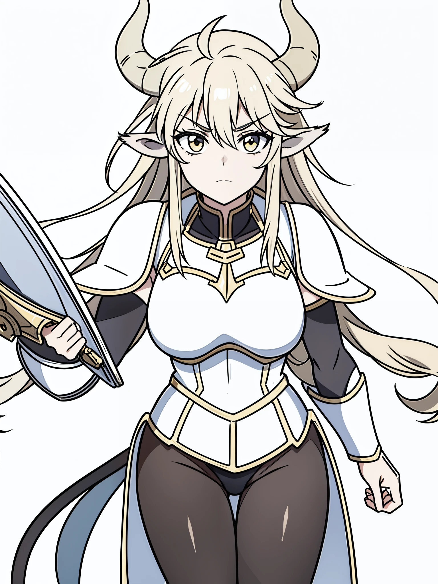 1girl,20 years old,solo,(white background,line drawing),long hair,horns,gold knight armor,cow ears,(black pantyhose),serious,portrait