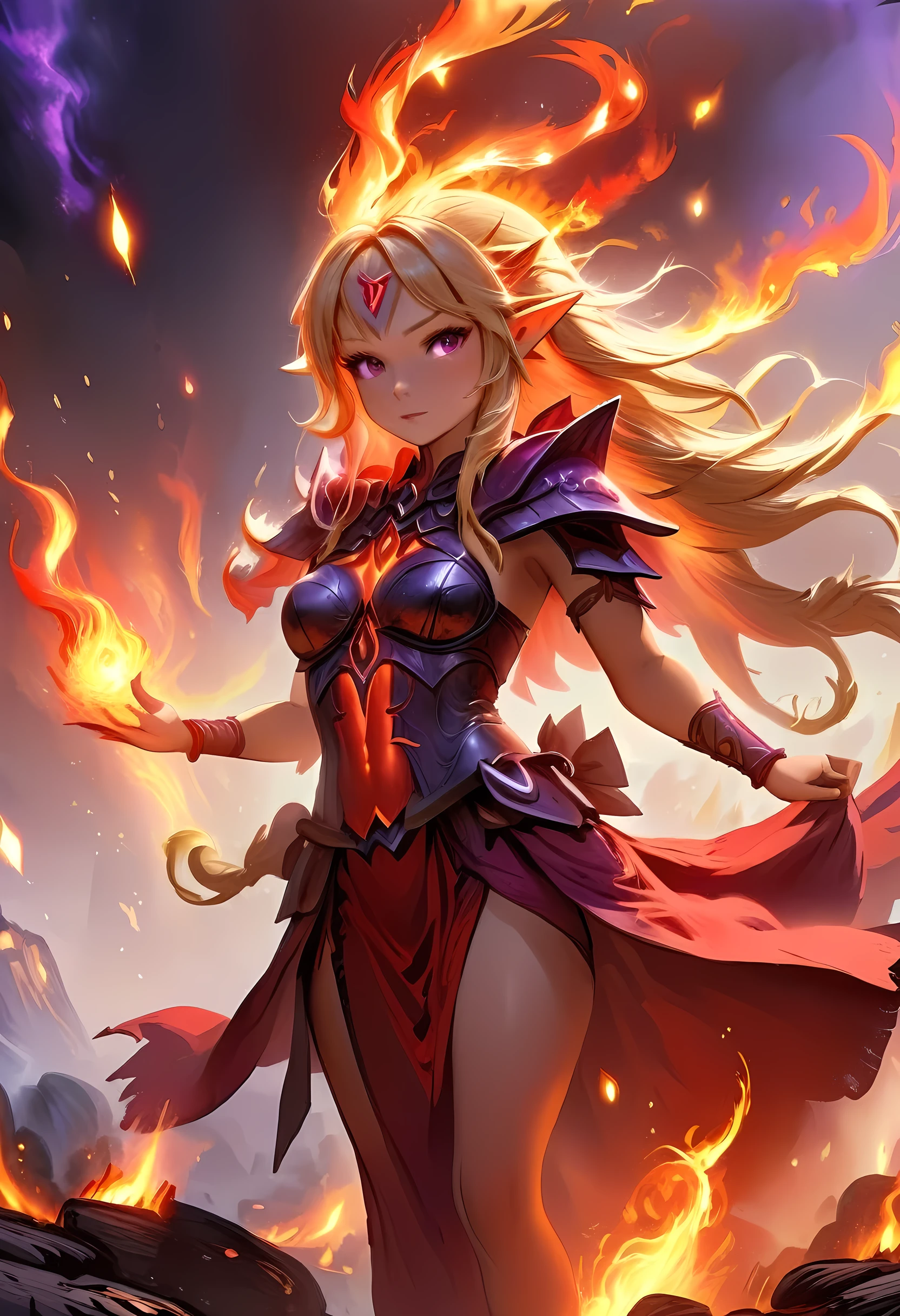 high details, best quality, 16k, [ultra detailed], masterpiece, best quality, (extremely detailed), full body, ultra wide shot, photorealistic, fantasy art, dnd art, rpg art, realistic art, an ultra wide picture of a female elf (intricate details, Masterpiece, best quality: 1.5) goddess of fire  ((fiery radiant aura)), controlling a swirling red fire, fiery red radiant magic (1.5 intricate details, Masterpiece, best quality), manipulating purple radiant magical symbols, [[divine symbols]] (intricate details, Masterpiece, best quality: 1.5), elf female, blond hair, long hair, hair with aura, with red radiant eyes, intense eyes, ((radiant eyes)), (( red glowing eyes)), dynamic clothing, fantasy volcano back ground, stresms of lava,  celestial  background, ((divine worship atmosphere)), high details, best quality, highres, ultra wide angle, faize, GlowingRunesAI_red
