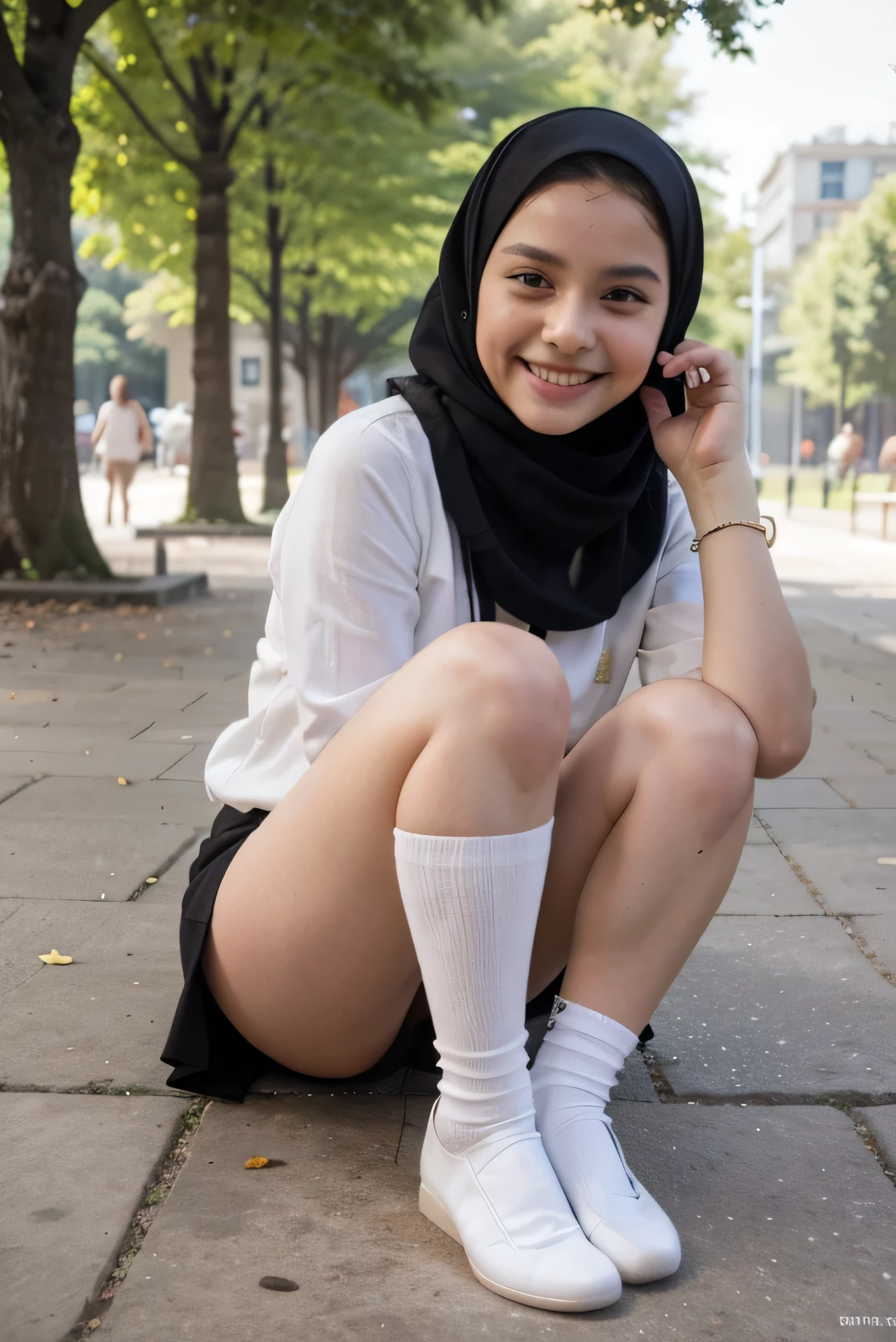 turkish girl wearing hijab white shirt black loose mini skirt long and beautiful legs white long socks black shoes very beautiful smiling sweet girl in the park high hd image quality
