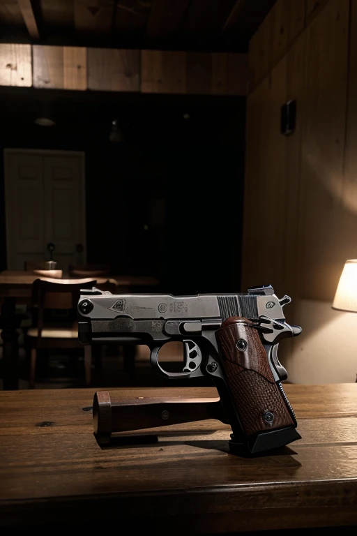 Crea una pistola colt1911 sobre una mesa con balas alrededor en un fondo oscuro