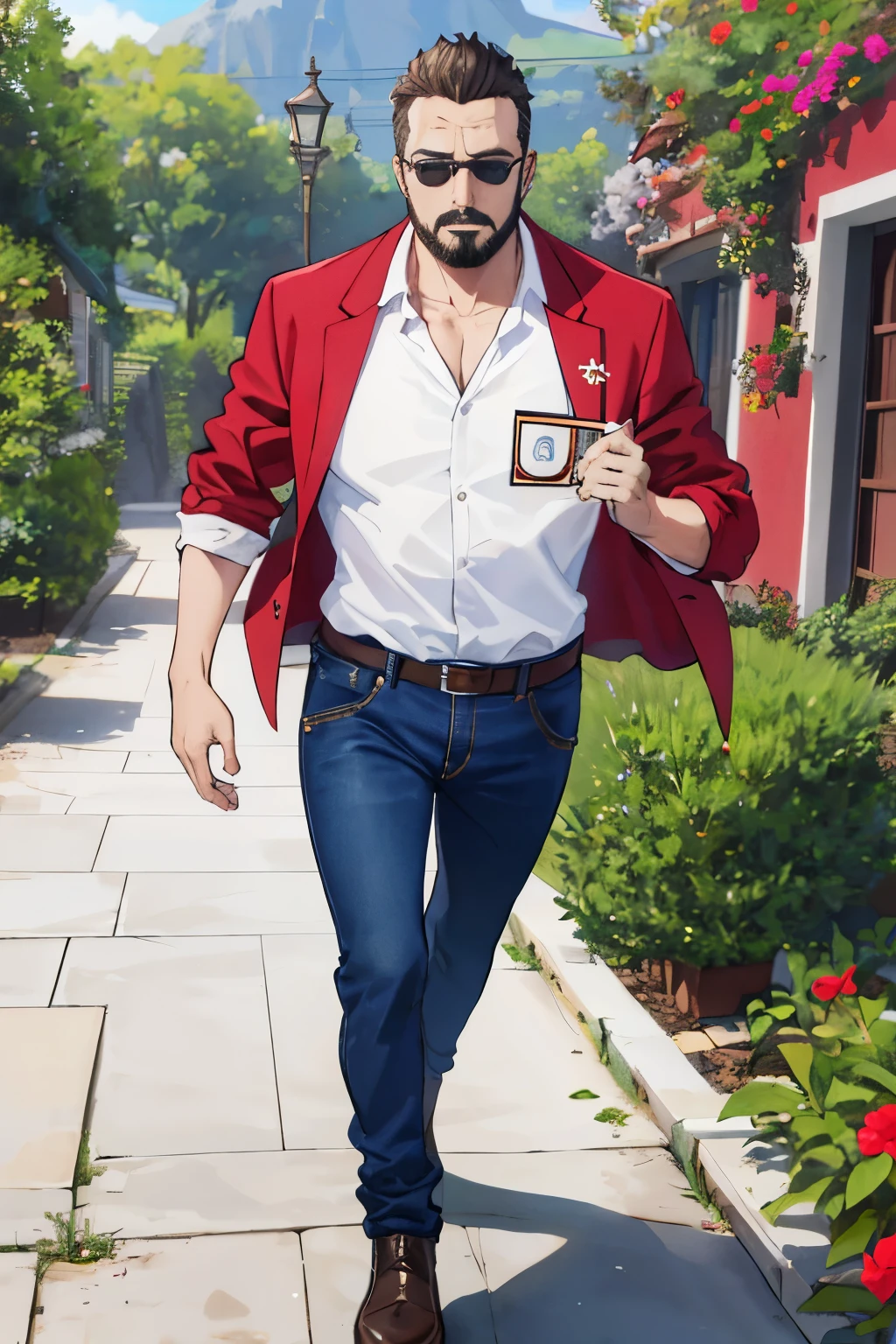 55 year old mature man, gordo, con barba, cabellera canosa con copete, con lentes de aumento, ojos grandes, naris recta y ancha, boca de labios gruesos, tono de piel moreno tipo marroqui con sobrepeso, caminando en un jardin, usando jeans azules con botas cortas y camisa polo roja con la imagen de un oso heraldico aleman
