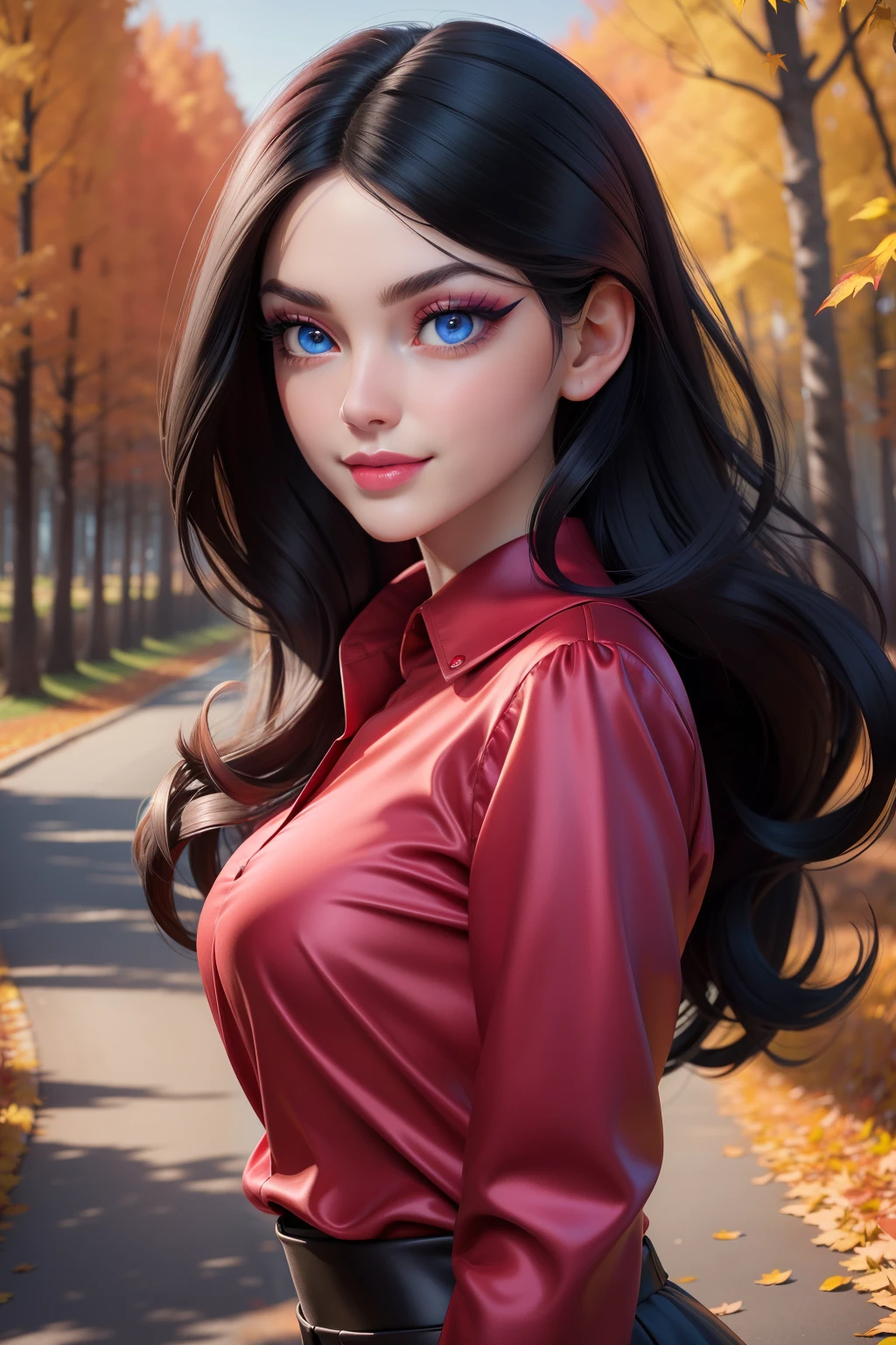 Masterpiece, realistic, best quality, best lighting, 1 girl photo solo, beautifully makeup, eyeshadow, pink lips, blue eyes, detailed eyes, beautiful big eyes, long eye lashes, smile, long black hair, ((red satin long shirt)), walk surrounded by beautiful natural landscapes, autumn falls