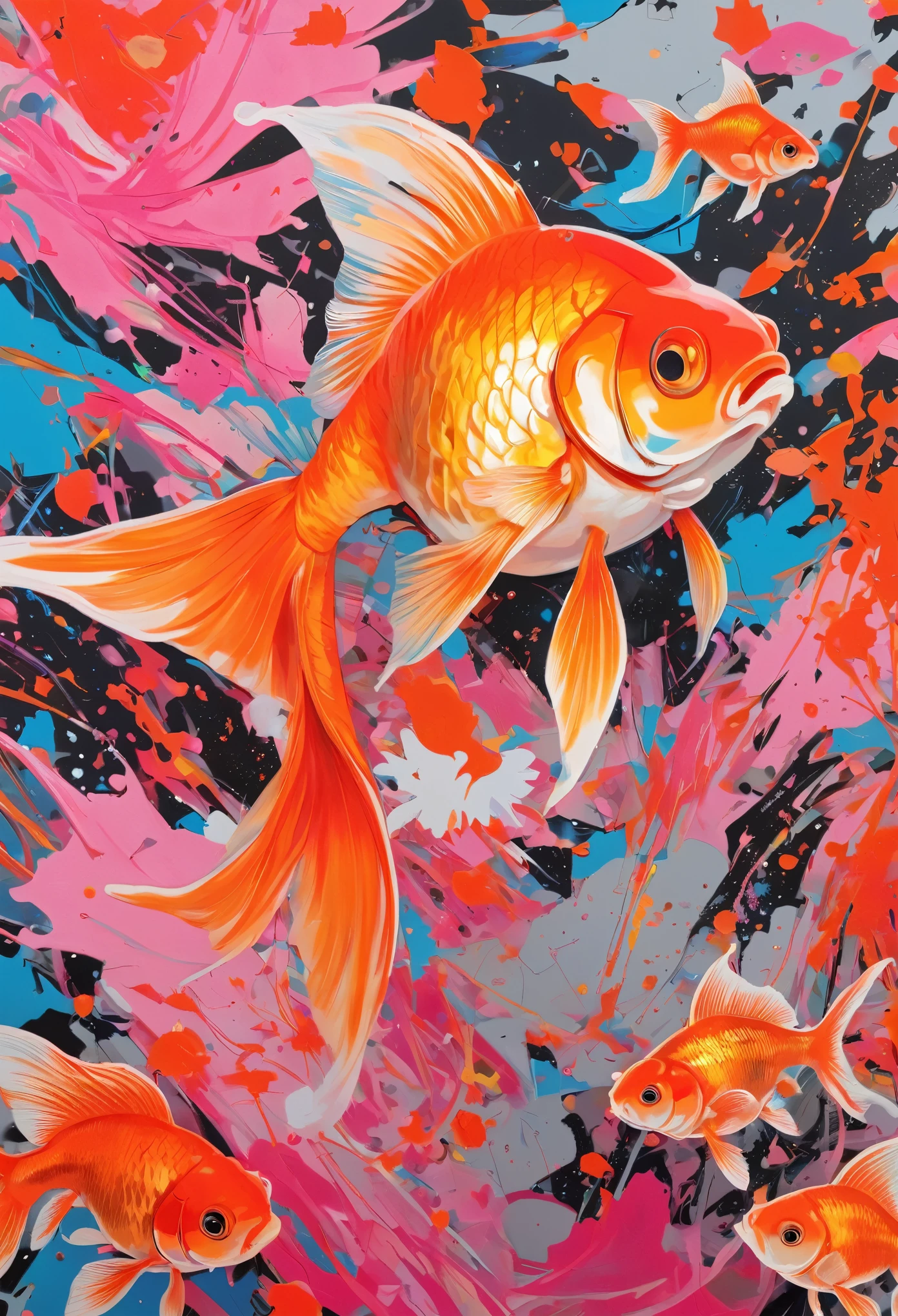 Graffiti, scribble, Comics by Petra Cortright, best quality, masterpiece, goldfish artwork, Representative work, official art, Professional, Ultra intricate detailed, 8k, goldfish art, colourful background