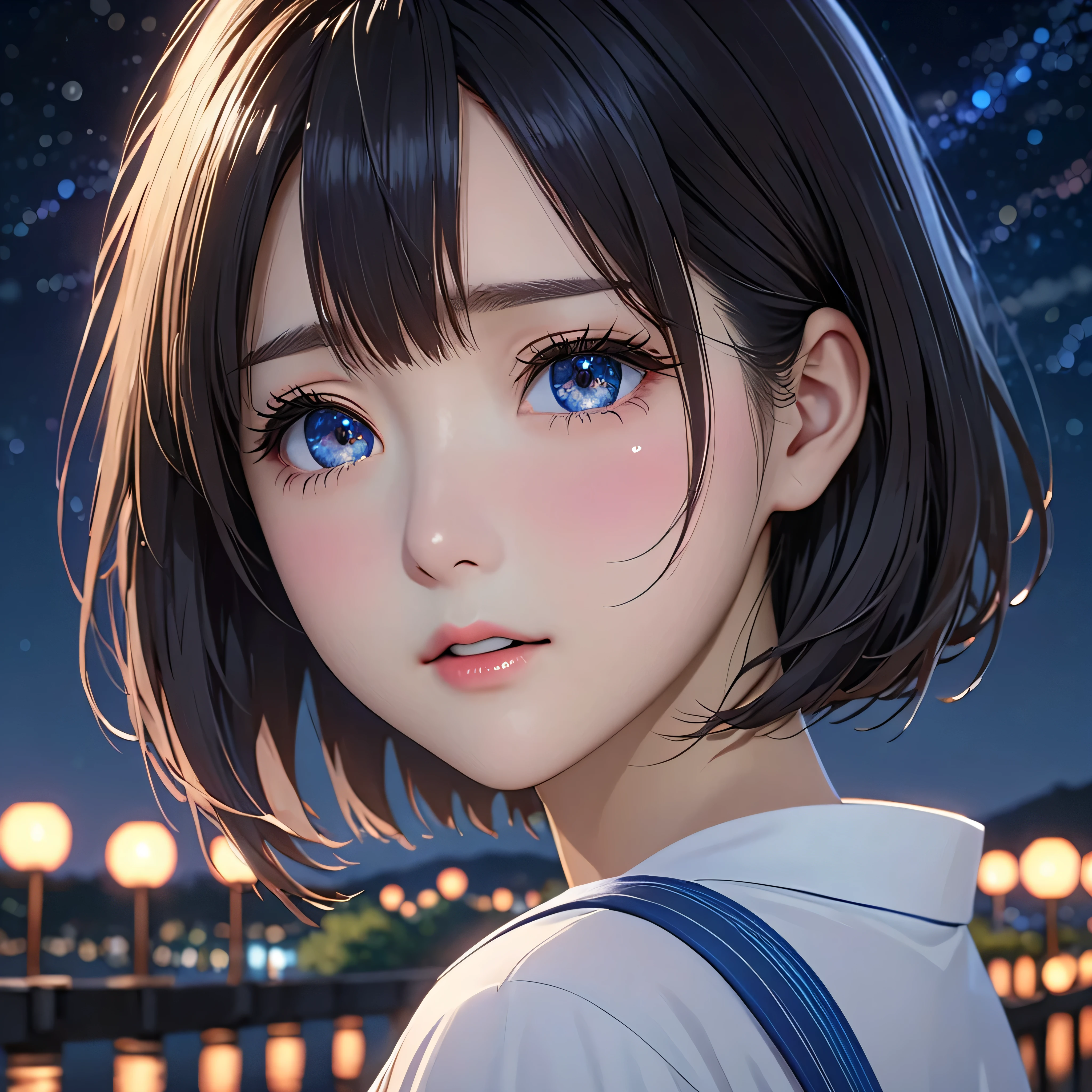 National Science Foundation,masterpiece,High resolution,8K,Art,digit,Three-dimensional,Realism,Kyoto Animation Style,your name movie style,Facing the camera,night,midnight,Light,(1 female: 1.3),(alone: 1.4),(Gorgeous,Sparkling Light Evening Dress),Long eyelashes,Long thin legs,Short Bob,Sexy pose,Close-up of upper body,Close-up,close view,nightstarry sky,Eyes as deep as the starry sky,Blushed,shy,shy,open mouth,(Tearing up)