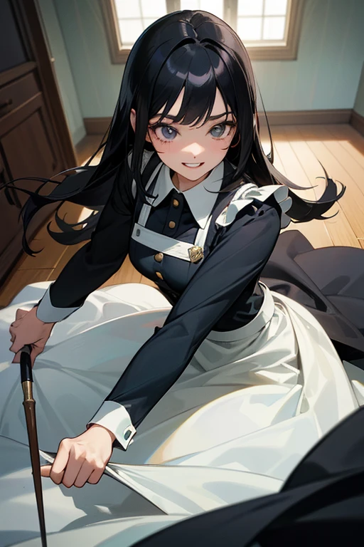 (Highest Resolution, clear_image) highest quality, One woman, alone, masterpiece, Very detailed, Semi-realistic, Black Hairのショートヘア, Black Hair, bangs, 18-year-old, mature, light blue uniform, uniform, Indoor Background, kind, Authoritative, Powerful, exquisite features, exquisite features、Eyelashes become longer、Showing teeth、smile😀、Maid clothes、woman'Fingers in the、Sleeping on the sofa、Long Hair、Fluttering in the wind、Navy blue clothes、Long Hair、