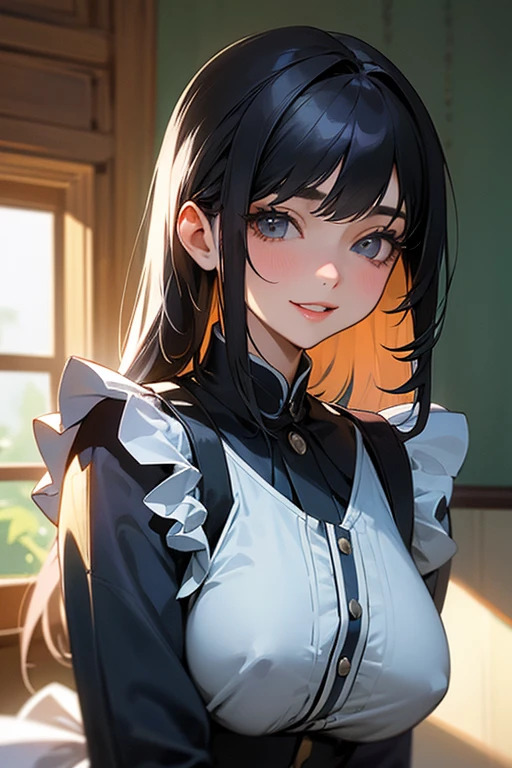 (Highest Resolution, clear_image) highest quality, One woman, alone, masterpiece, Very detailed, Semi-realistic, Black Hairのショートヘア, Black Hair, bangs, 18-year-old, mature, light blue uniform, uniform, Indoor Background, kind, Authoritative, Powerful, exquisite features, exquisite features、Eyelashes become longer、Showing teeth、smile😀、Maid clothes、woman&#39;Fingers in the、Sleeping on the sofa、Long Hair、Fluttering in the wind、Navy blue clothes、Long Hair、