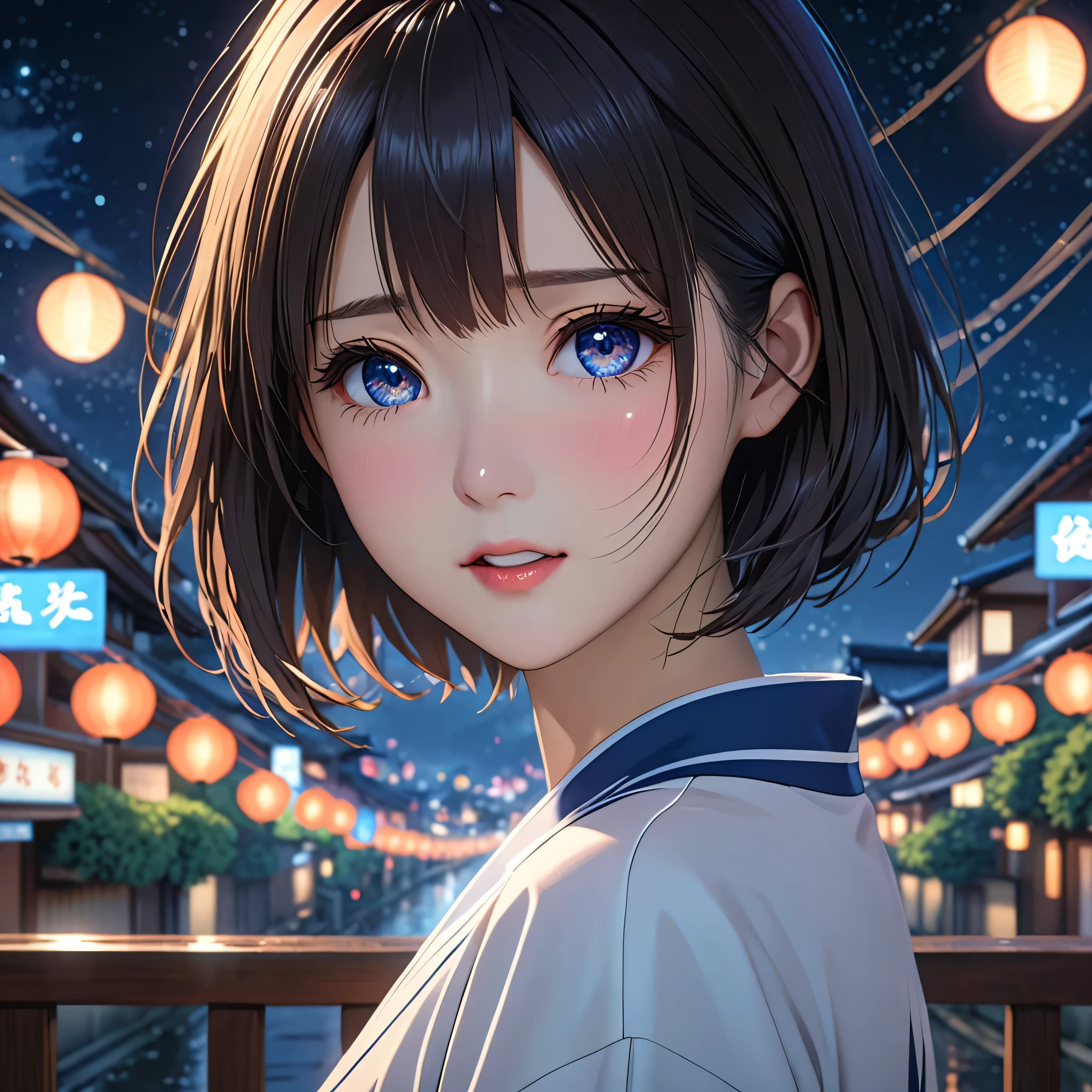 National Science Foundation,masterpiece,High resolution,8K,Art,digit,Three-dimensional,Realism,Kyoto Animation Style,your name movie style,Facing the camera,night,midnight,Light,(1 female: 1.3),(alone: 1.4),(Gorgeous,Sparkling Light Evening Dress),Long eyelashes,Long thin legs,Short Bob,Sexy pose,Close-up of upper body,Close-up,close view,nightstarry sky,Eyes as deep as the starry sky,Blushed,shy,shy,open mouth,(Tearing up)